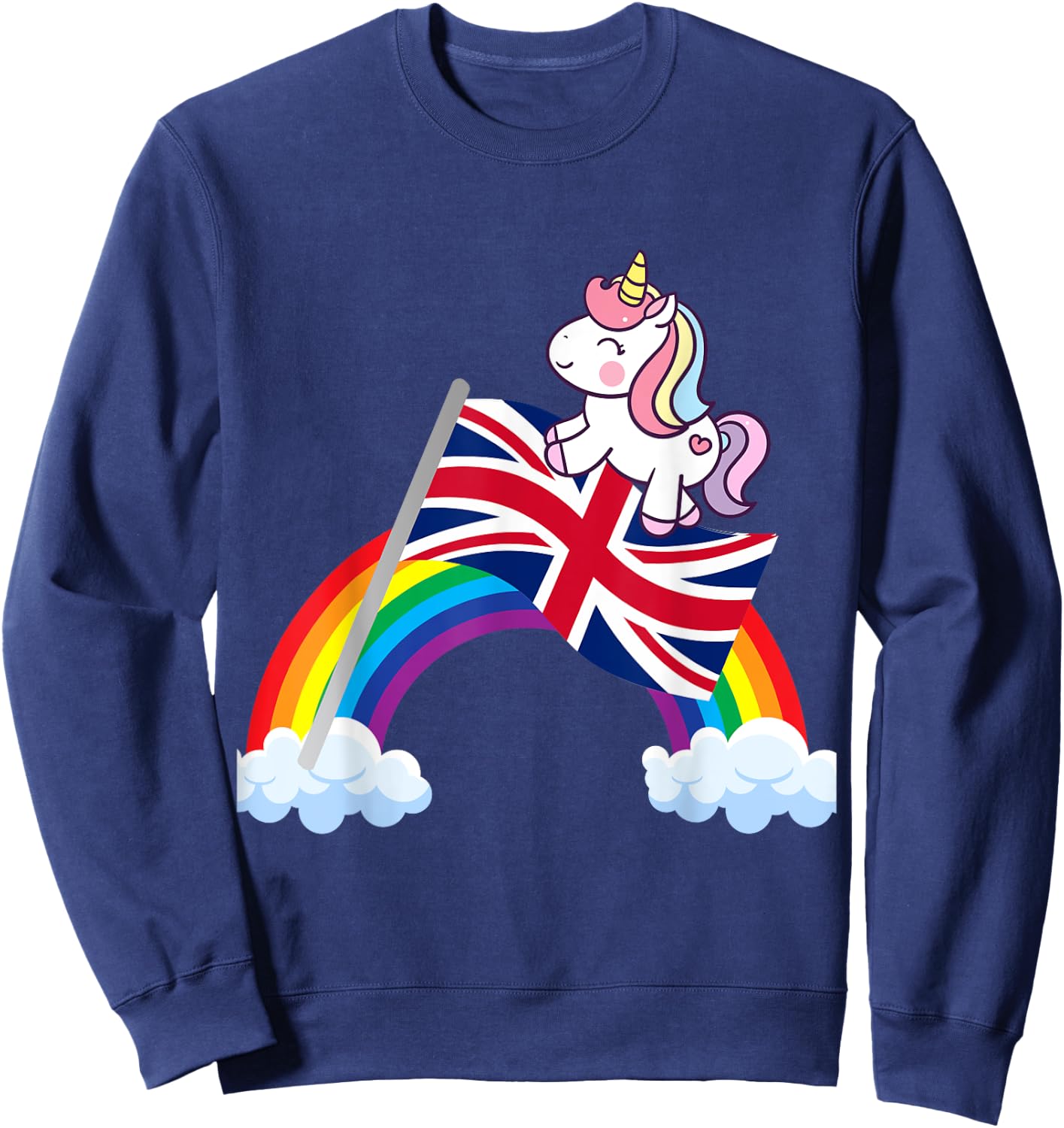 Unicorn Riding British UK Flag Boys Girls Women Kids Rainbow Sweatshirt - Sweatshirt | Navy