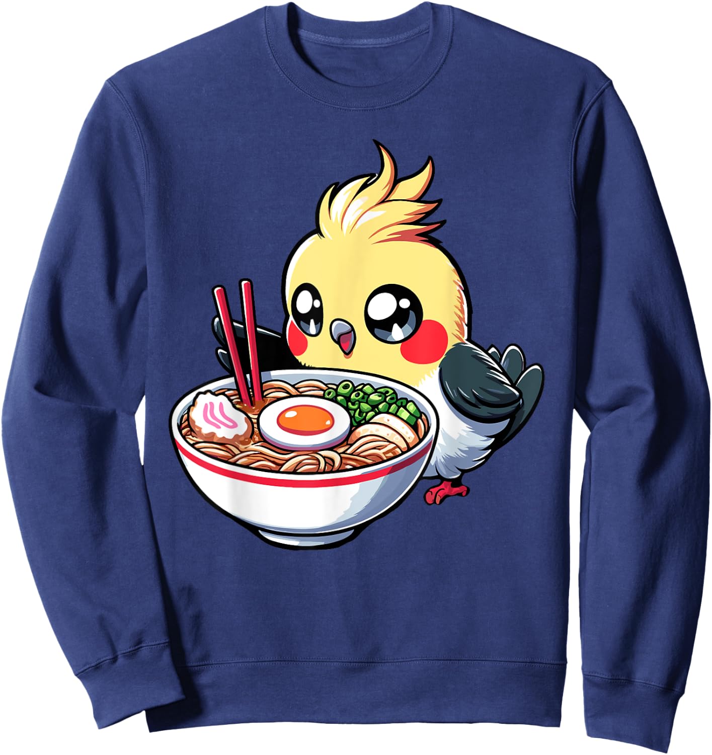 Cute Kawaii Cockatiel Bird Eating Ramen Parrot Lover Funny Sweatshirt - Sweatshirt | Navy