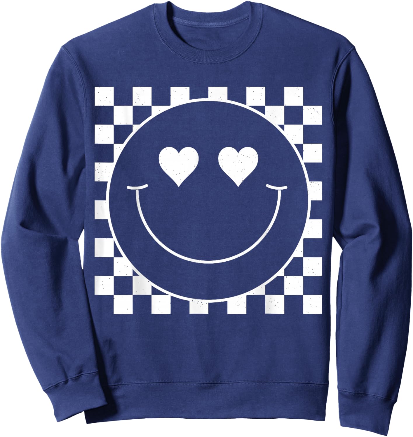 White Checkered 80s Heart Eyes Smile Face Shirt Happy Face Sweatshirt - Sweatshirt | Navy