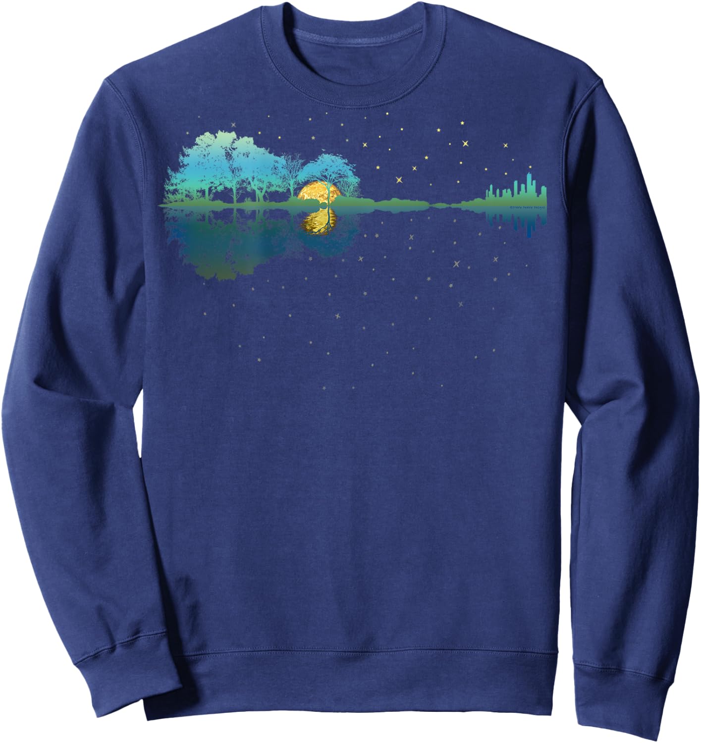 On Back | Guitar Lake Reflections Night Sky and Moon Guitar Sweatshirt - Sweatshirt | Navy
