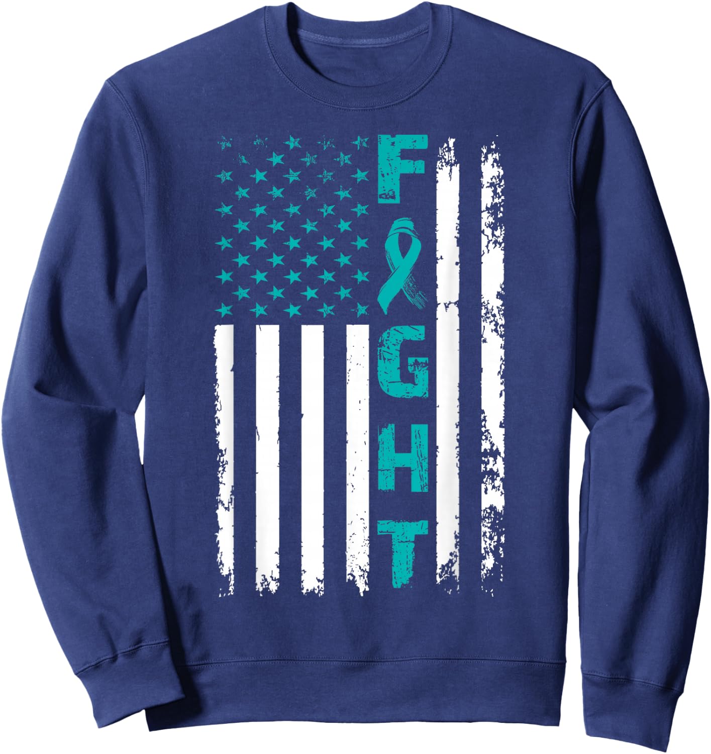 Fight Ovarian Cancer American Flag Awareness Survivor Sweatshirt - Sweatshirt | Navy