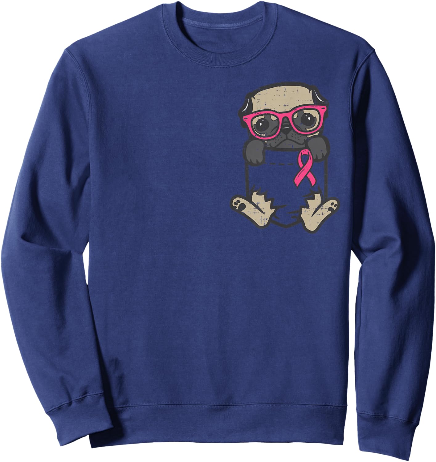 Pocket Pug Dog Pink Ribbon Breast Cancer Awareness Dog Sweatshirt - Sweatshirt | Navy