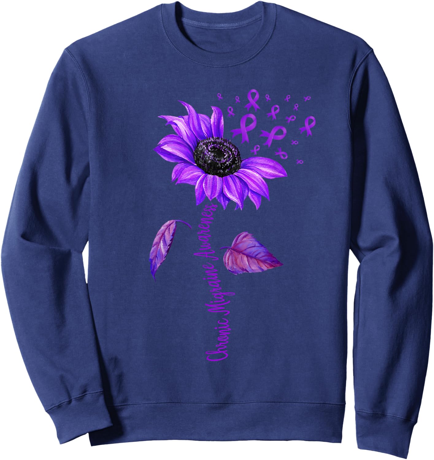 Chronic Migraine Awareness Month Sunflower Purple Ribbon Sweatshirt - Sweatshirt | Navy