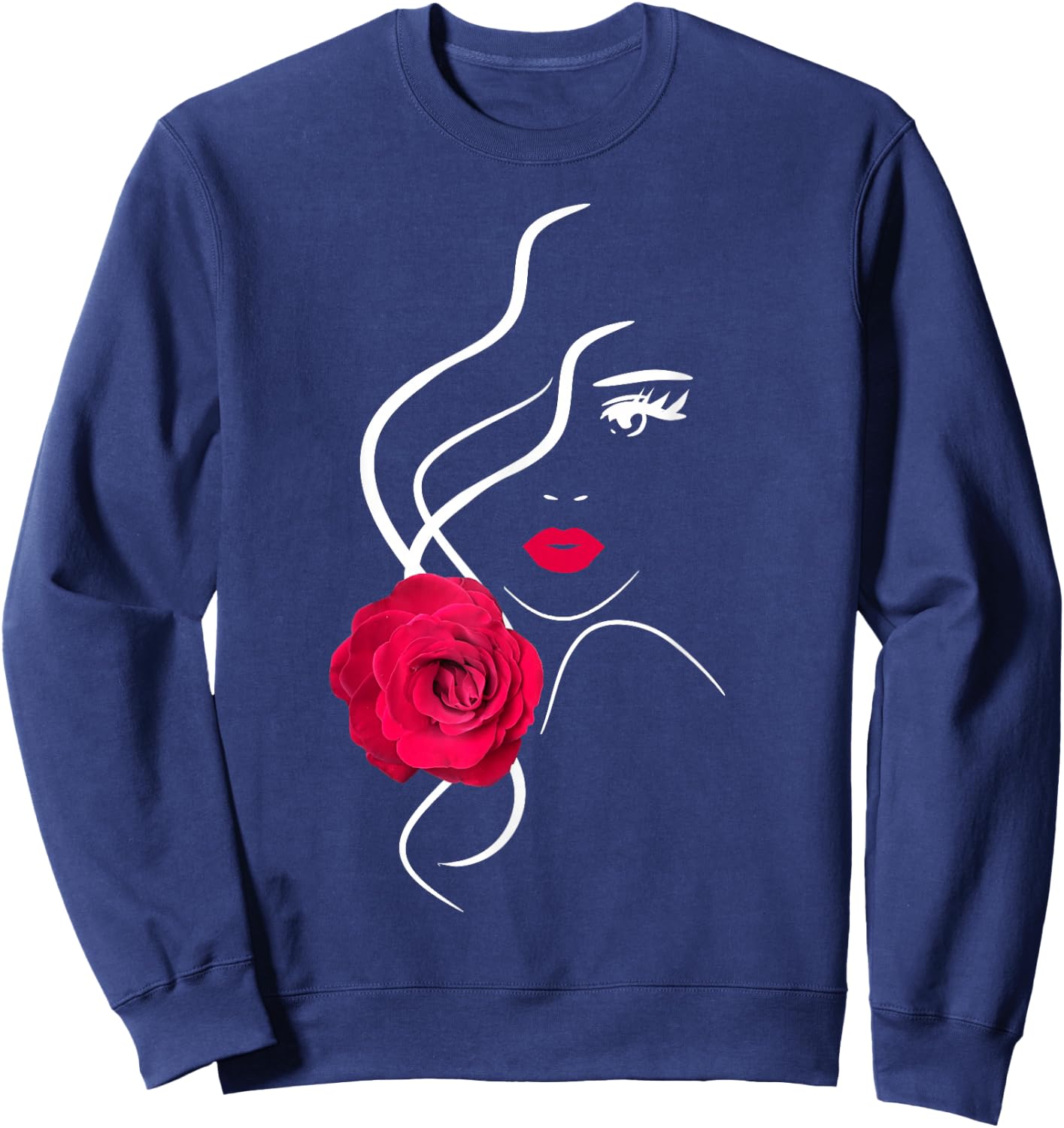 Pretty Girl Face with Hot Red Rose Black White Shapes Mania Sweatshirt - Sweatshirt | Navy