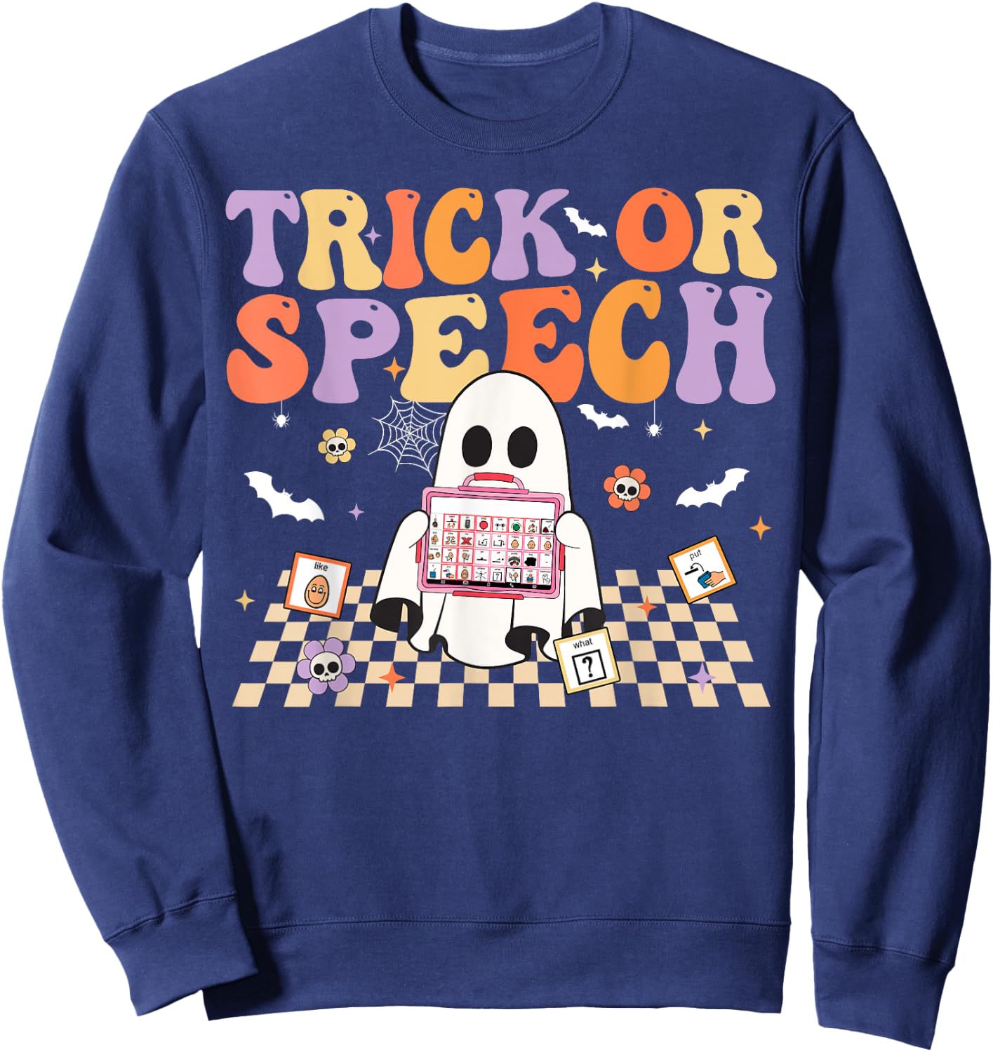 Trick or Speech Retro SLP Halloween Speech Therapy Sweatshirt - Sweatshirt | Navy
