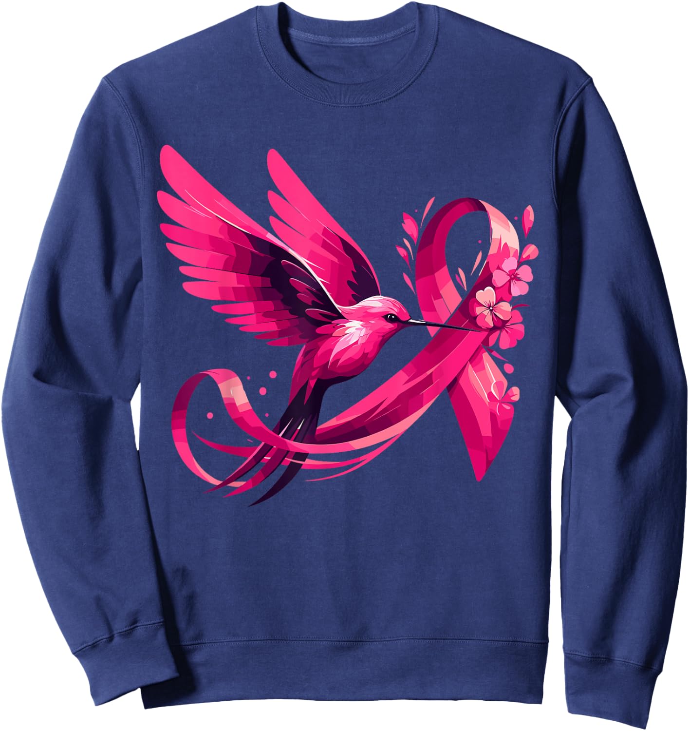 Hummingbird Flower Pink Ribbon Breast Cancer Awareness Sweatshirt - Sweatshirt | Navy