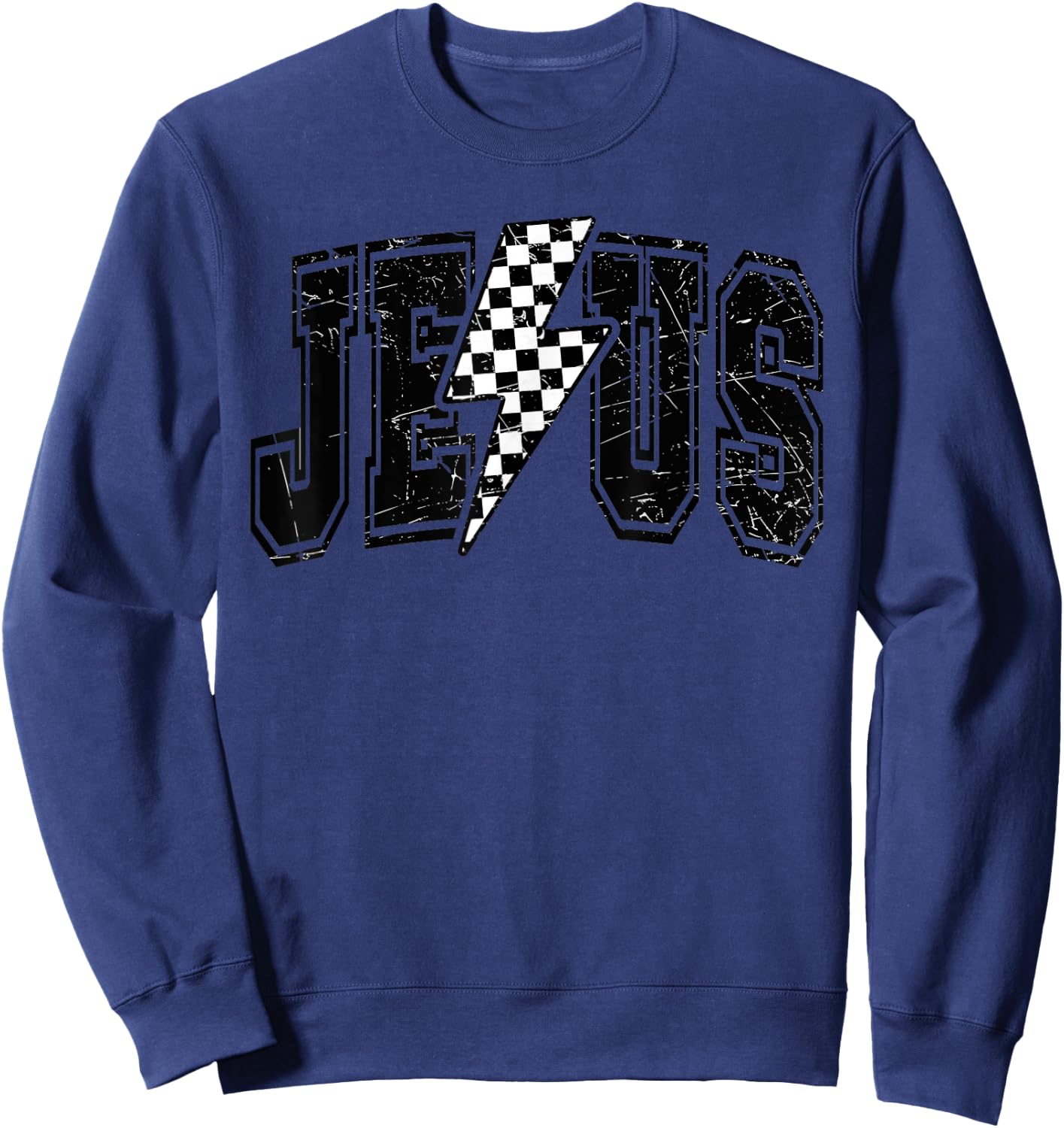 Funny Retro Groovy Checkered Jesus Lightning Bolt Apparel Sweatshirt - Sweatshirt | Navy