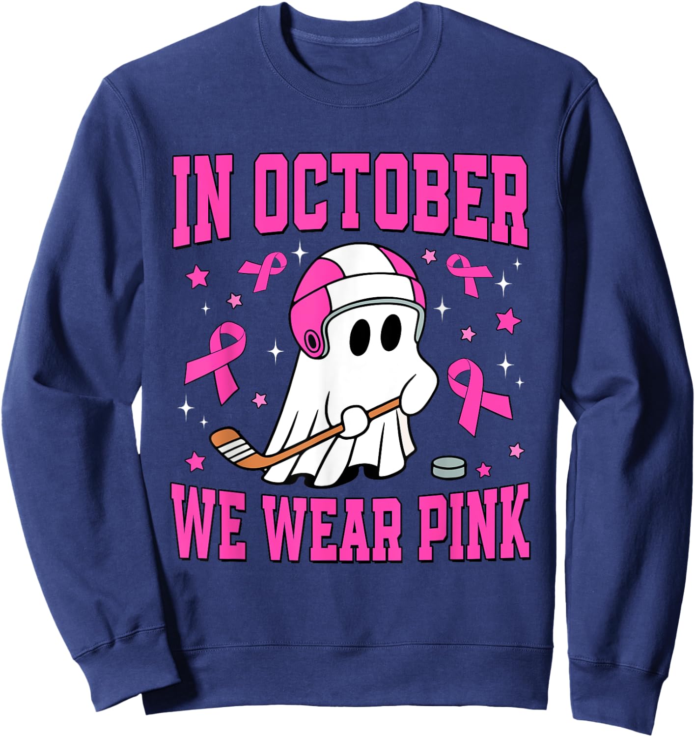 In October We Wear Pink Ghost Hockey Breast Cancer Sweatshirt - Sweatshirt | Navy