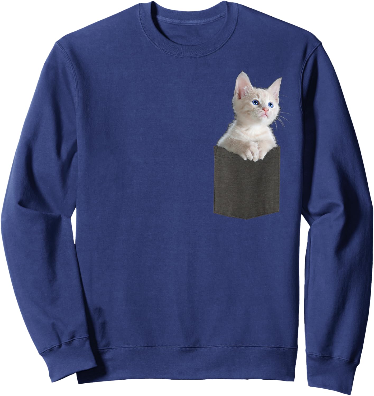 White Kitten Cat in Pocket with Blue Eyes Cute Cat Sweatshirt - Sweatshirt | Navy