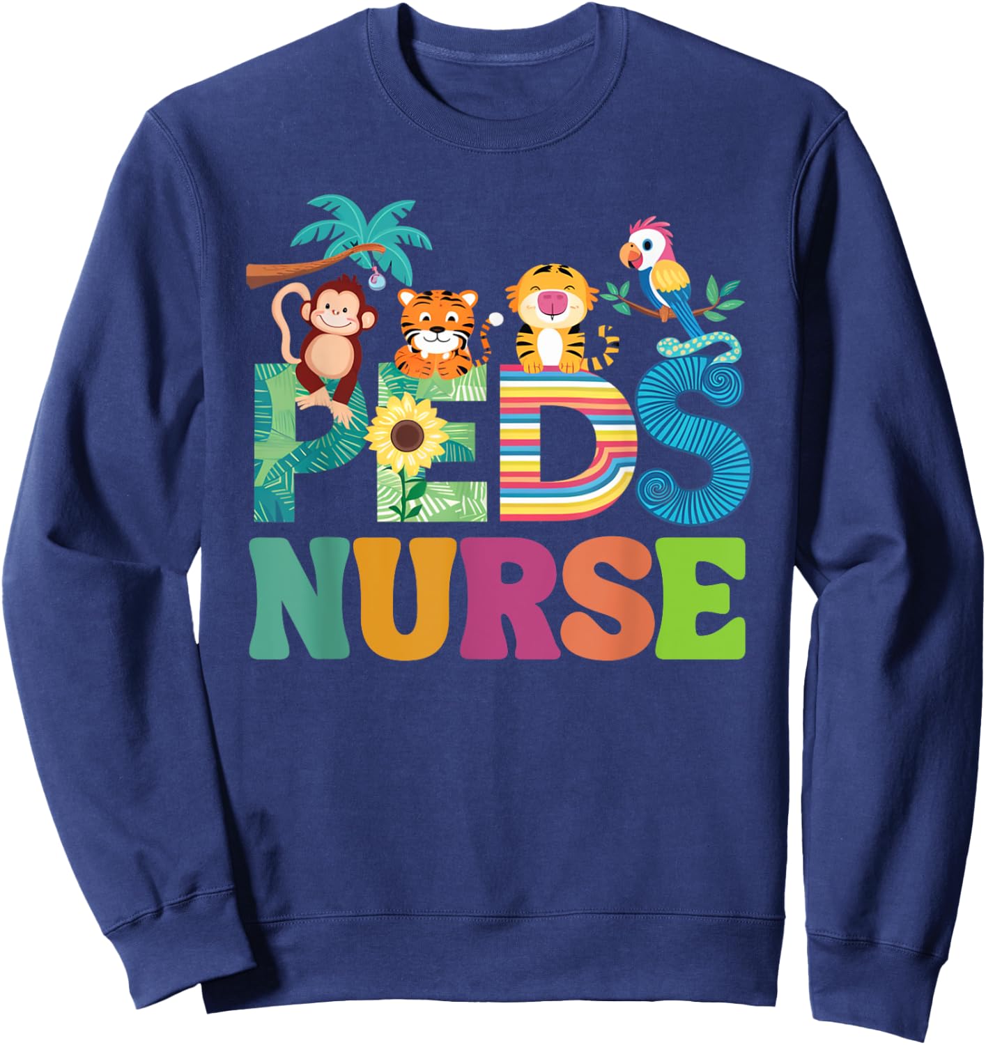 Colorful Peds Nurse Cute Animals PEDS Oncology Nurse Sweatshirt - Sweatshirt | Navy