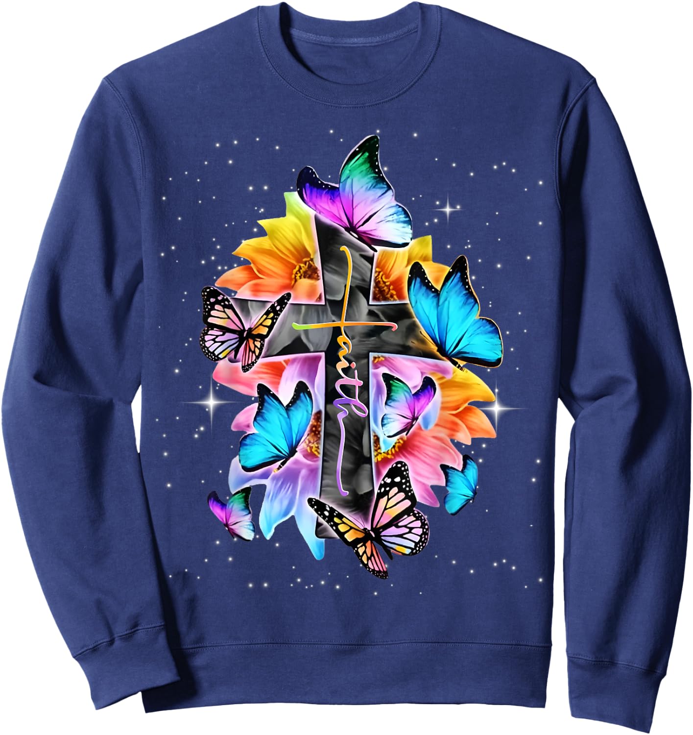 Faith - Cross Floral Butterflies Christ Flowers Religious Sweatshirt - Sweatshirt | Navy