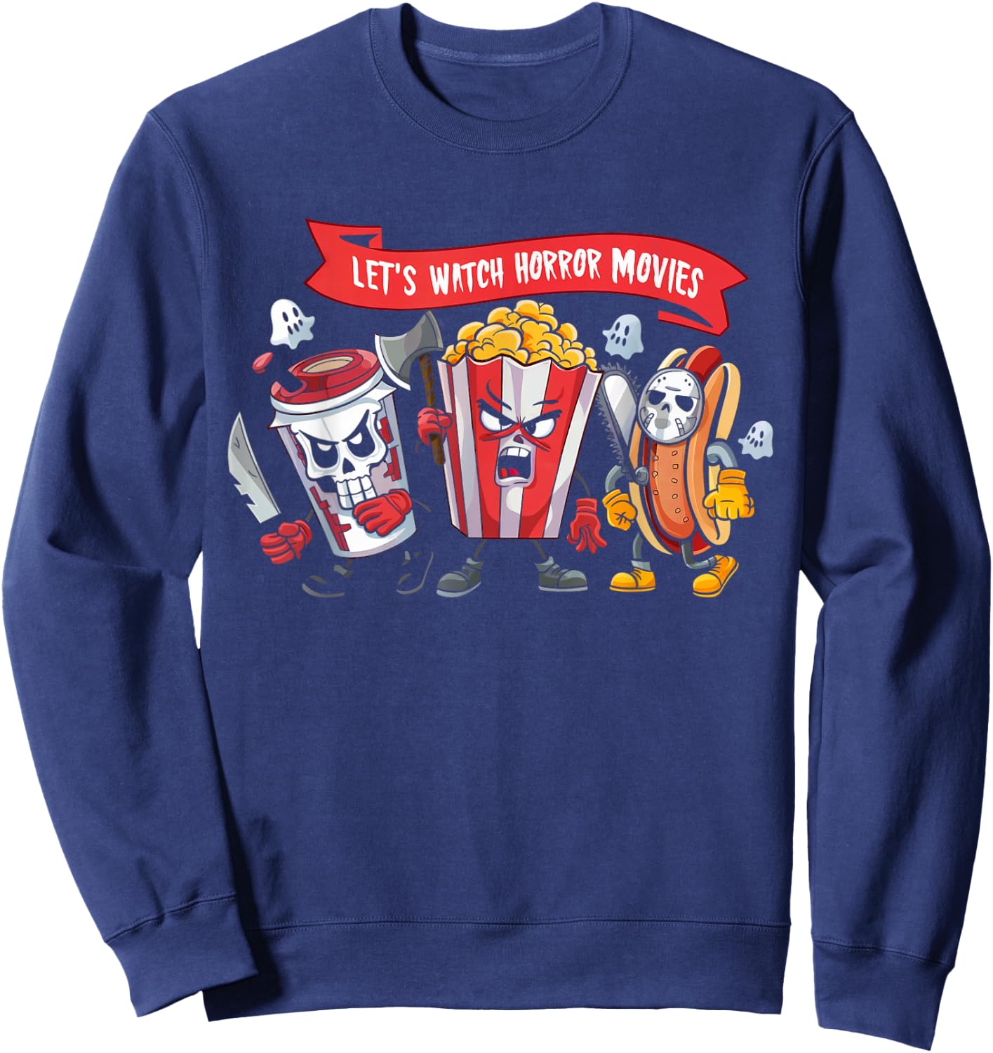 Lets Watch Horror Movies Lover Shirt Fun Halloween Skeleton Sweatshirt - Sweatshirt | Navy
