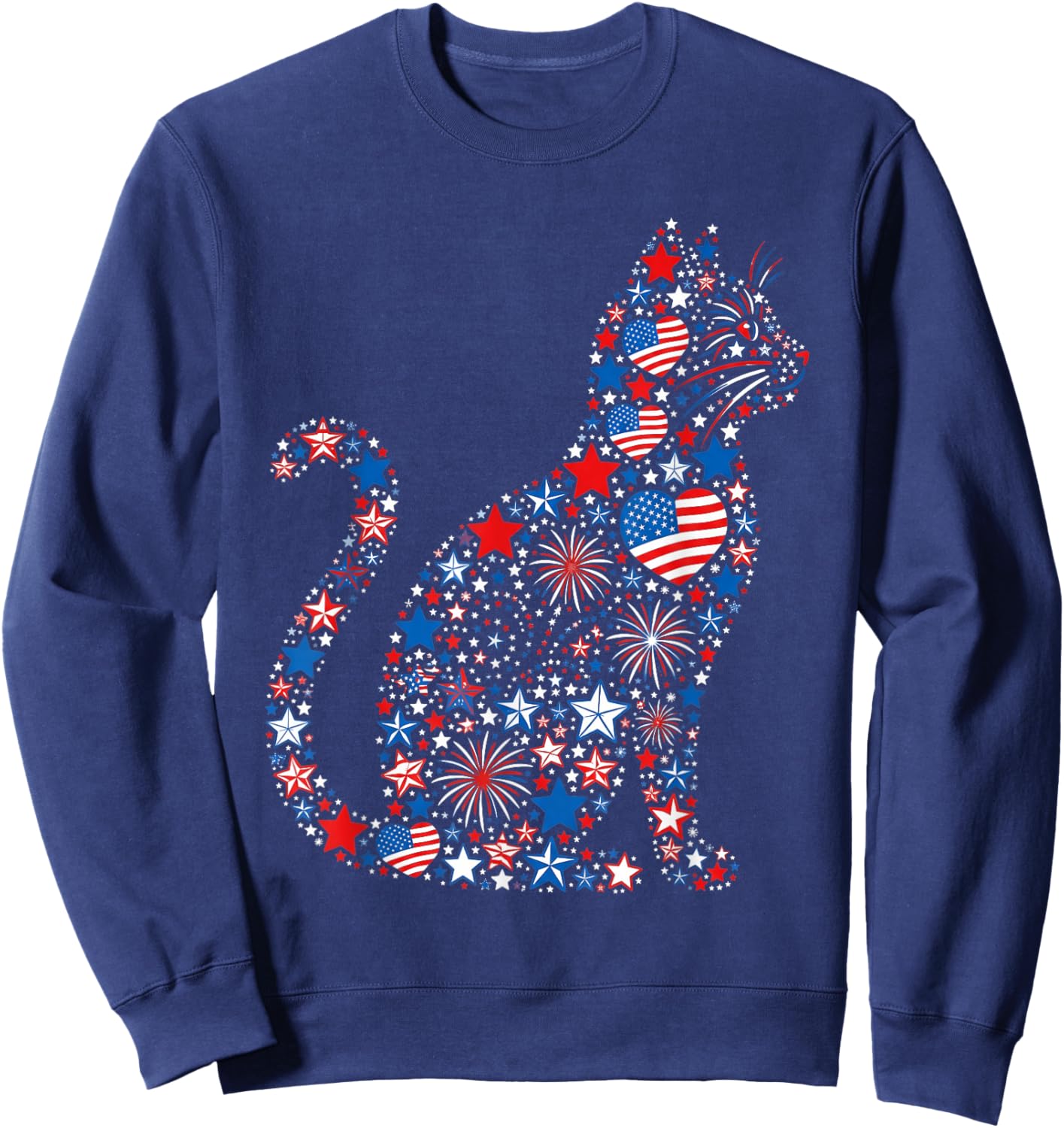 Cat American USA Flag Fireworks Patriotic Fourth of July Sweatshirt - Sweatshirt | Navy