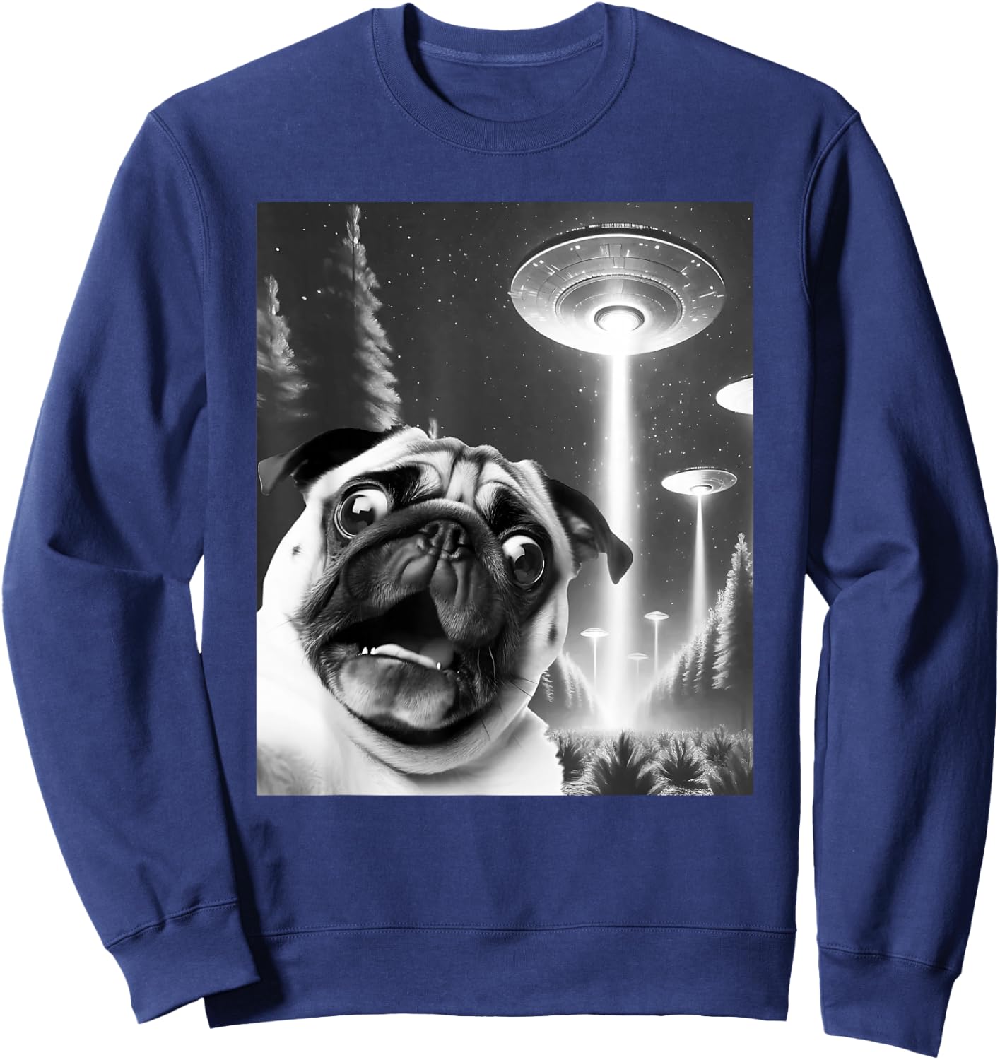 Funny Pug Alien UFO Taking a Selfie Dog Mom Dad Sweatshirt - Sweatshirt | Navy