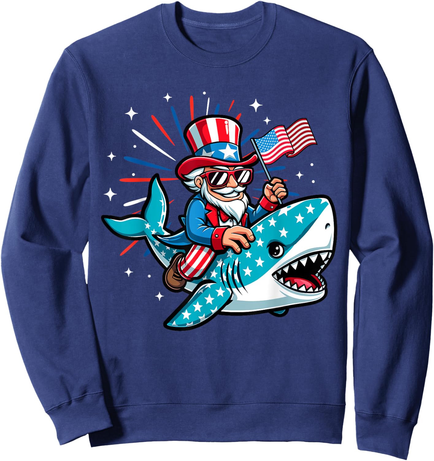 Funny Uncle Sam Riding Shark 4th of July Boys American Flag Sweatshirt - Sweatshirt | Navy