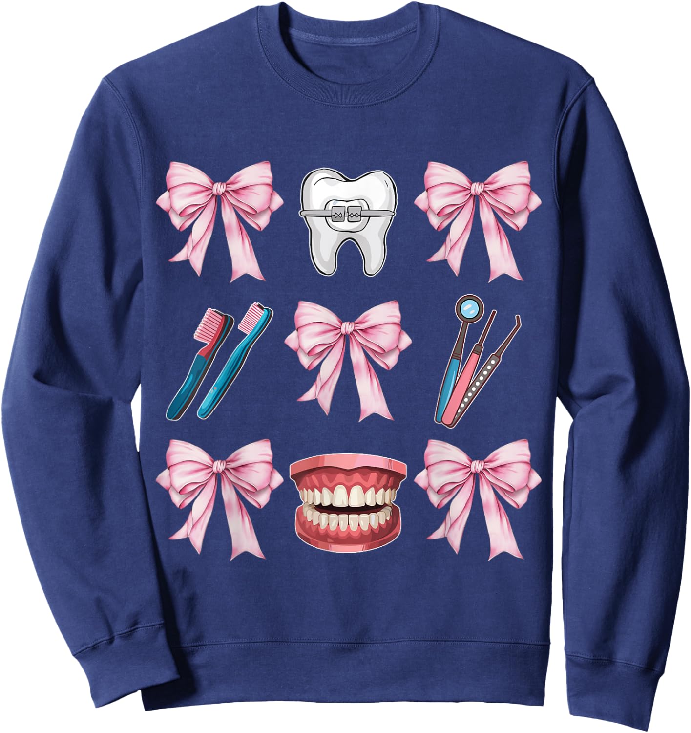 Cute Pink Coquette Bow Dentist Squad Teeth Dental Assistant Sweatshirt - Sweatshirt | Navy
