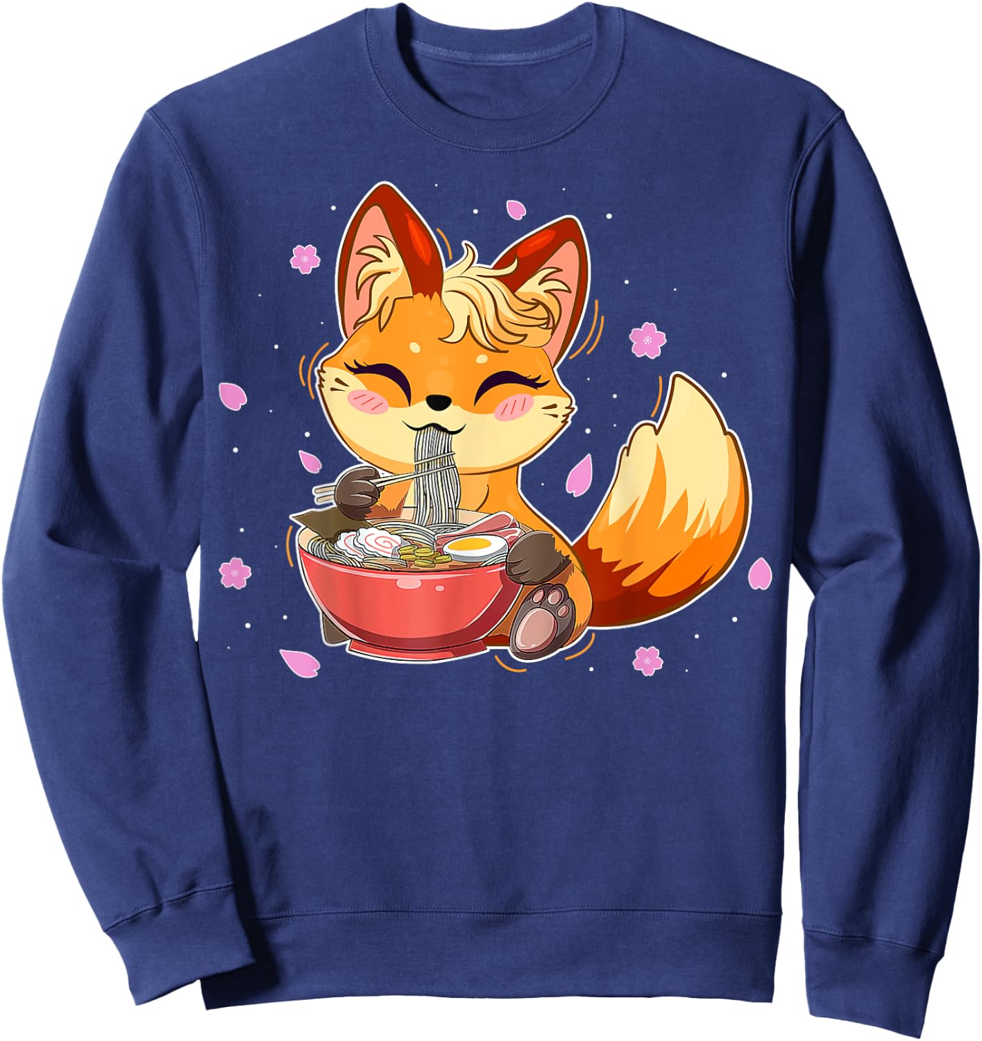 Cute Fox Japanese Anime Eating Ramen Girl Teen Kid Kawaii Sweatshirt - Sweatshirt | Navy