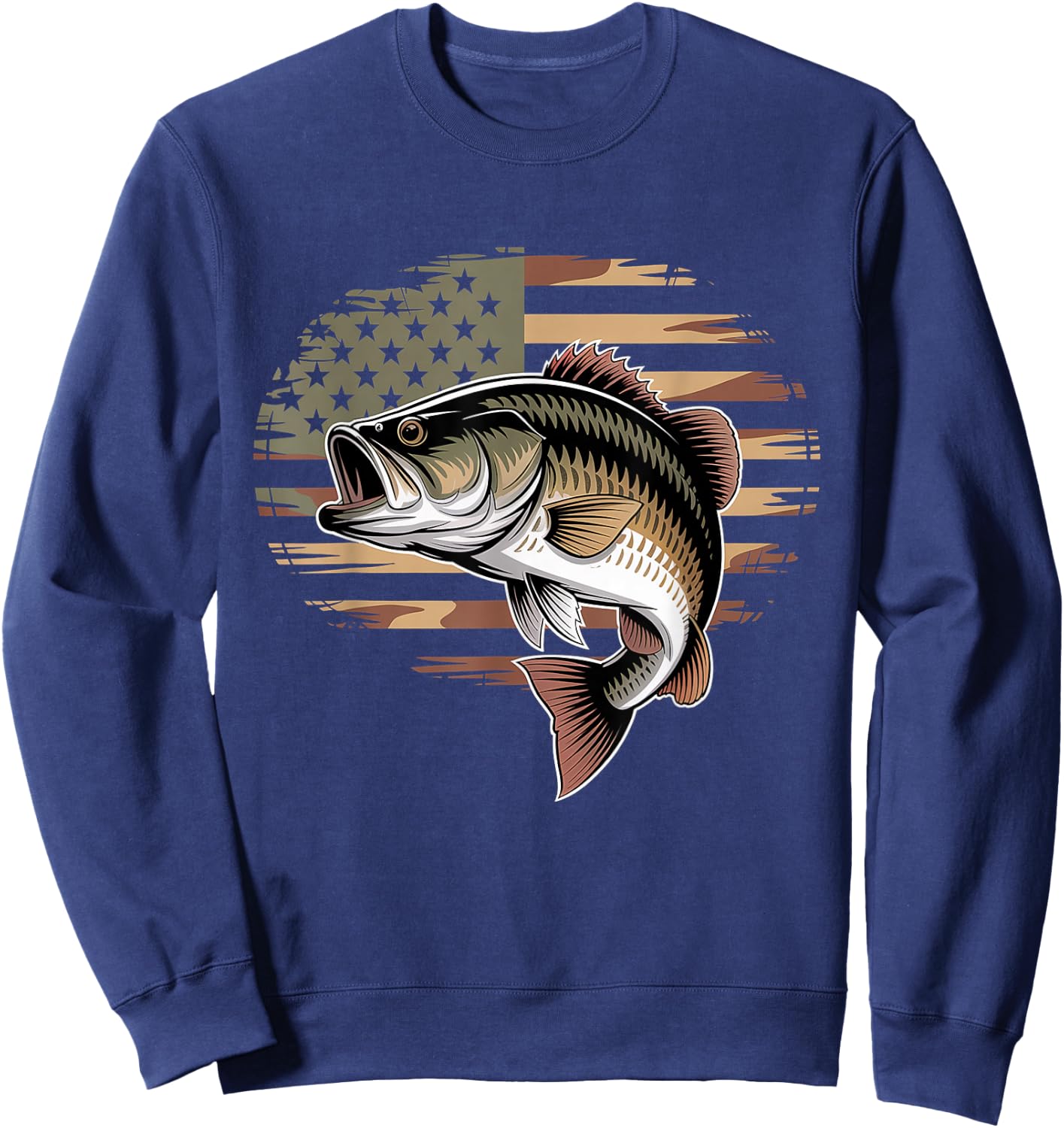 Bass Fish Fishing Camo USA American Flag Largemouth Sweatshirt - Sweatshirt | Navy