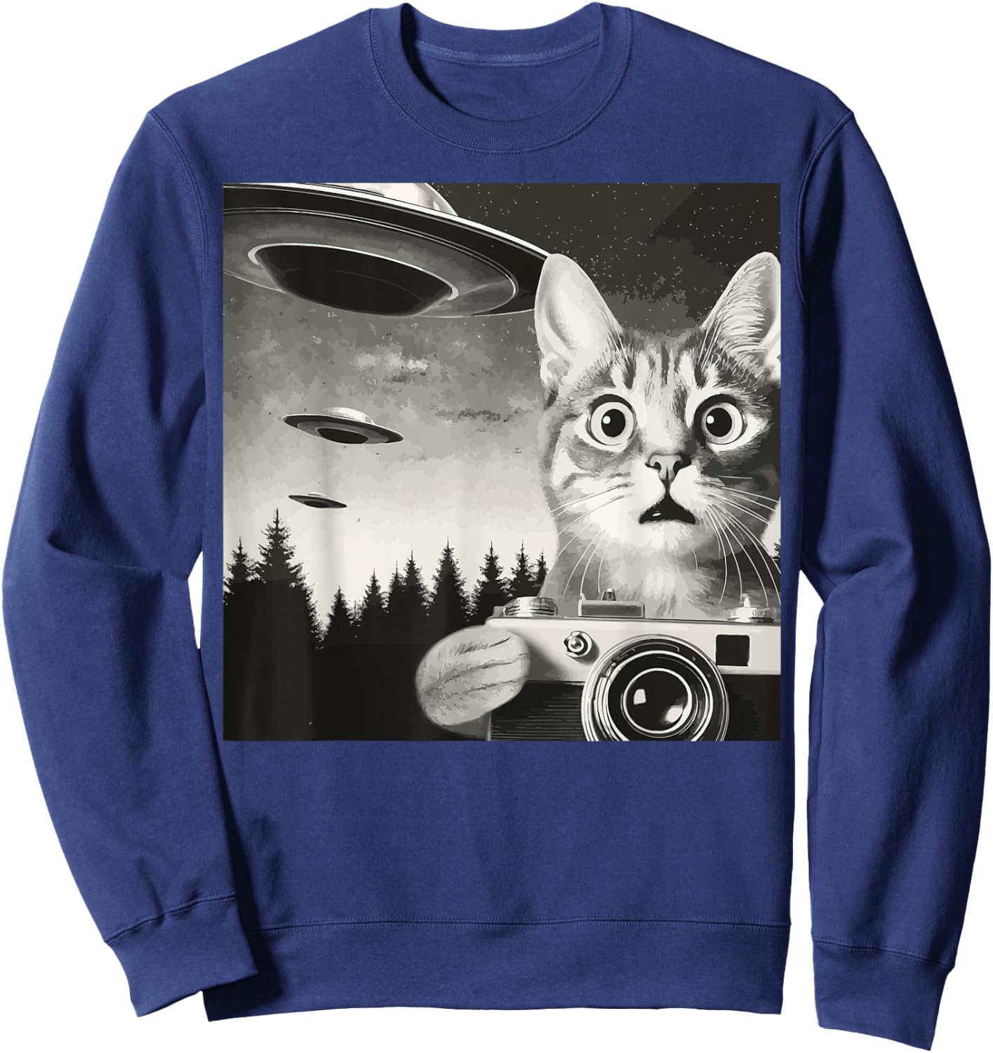 Alien Cat UFO Camera Graphic Alien Feline Photography Men Women Sweatshirt - Sweatshirt | Navy