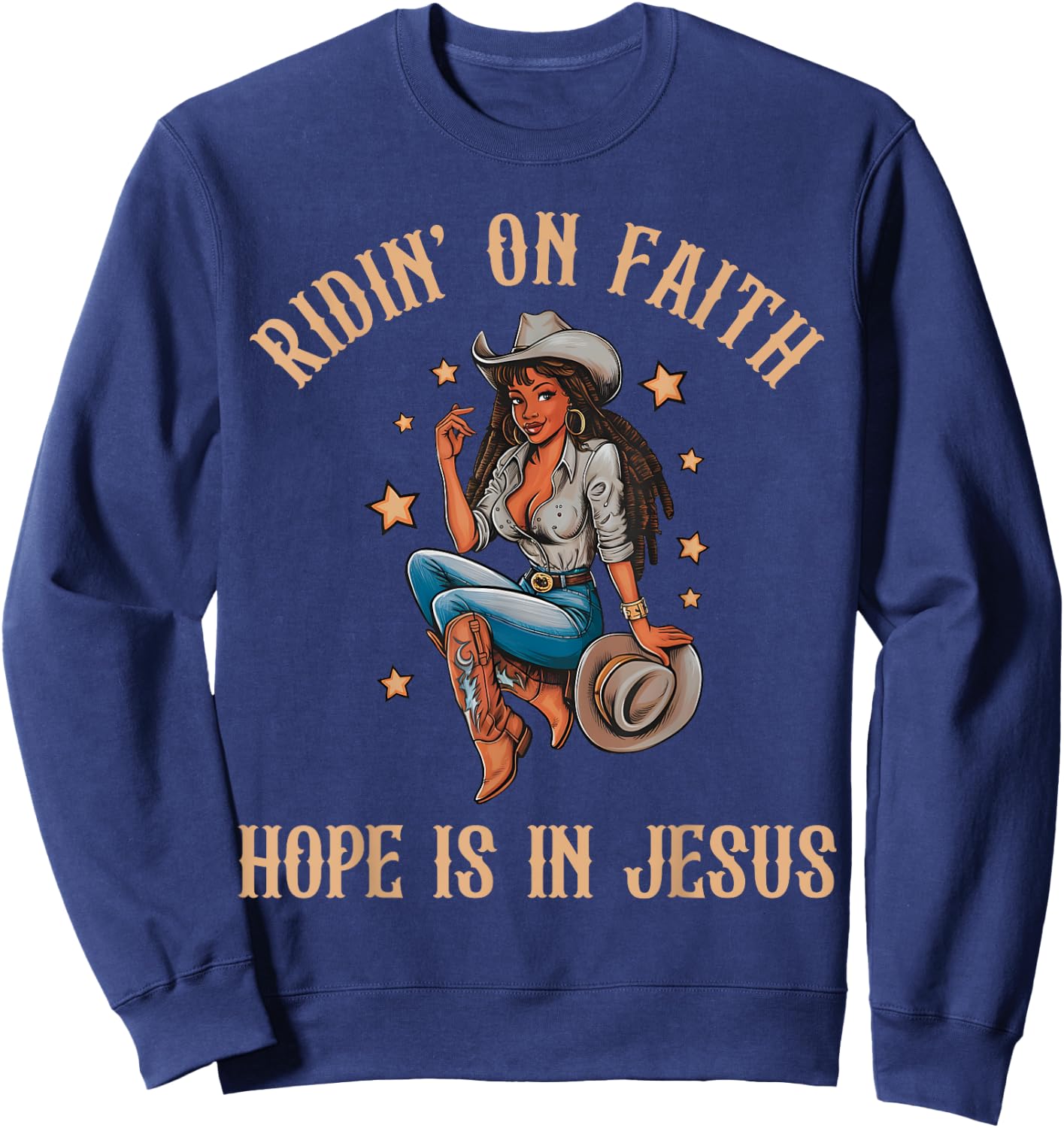 Ridin' On Faith Hope is in Jesus Black Cowgirl Christian Sweatshirt - Sweatshirt | Navy