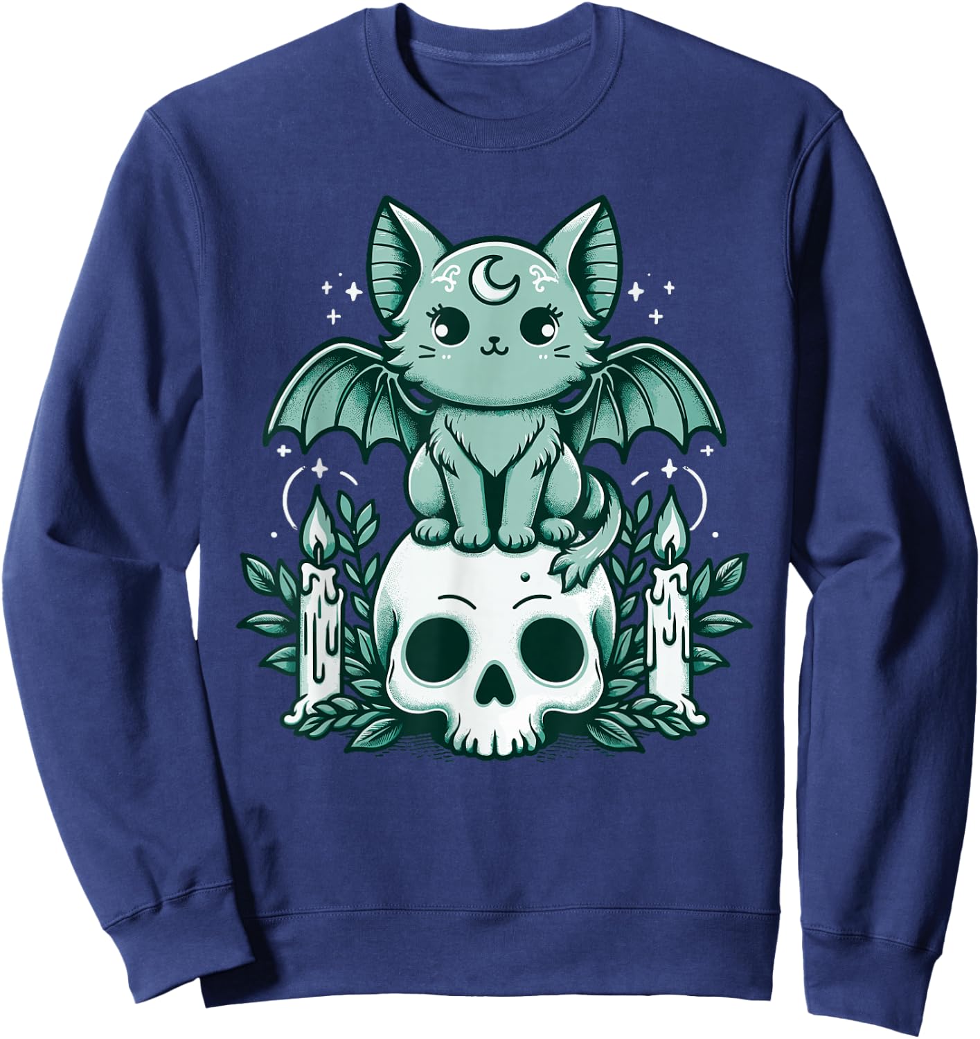 Kawaii Pastel Goth Cute Creepy Cat Bat Skeleton Sweatshirt - Sweatshirt | Navy