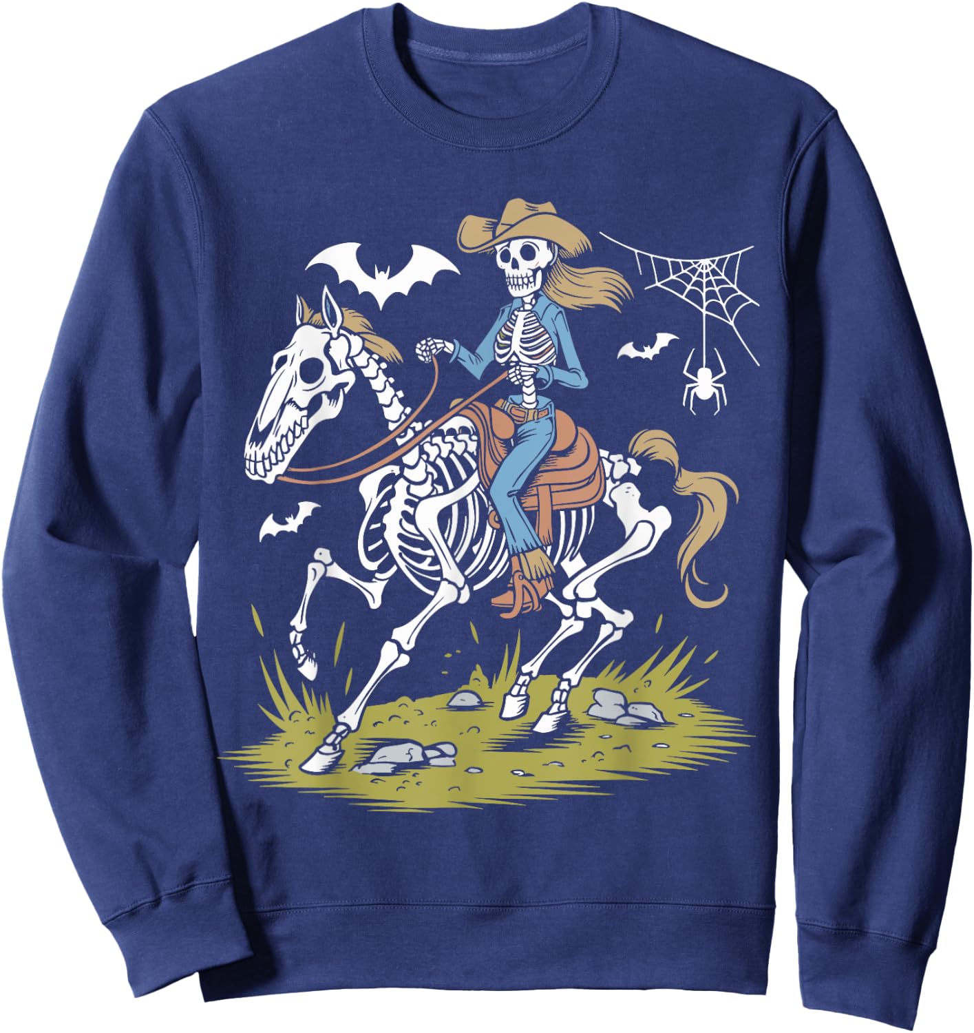 Funny Cowgirl Skeleton Riding Horse Spooky Halloween Western Sweatshirt - Sweatshirt | Navy