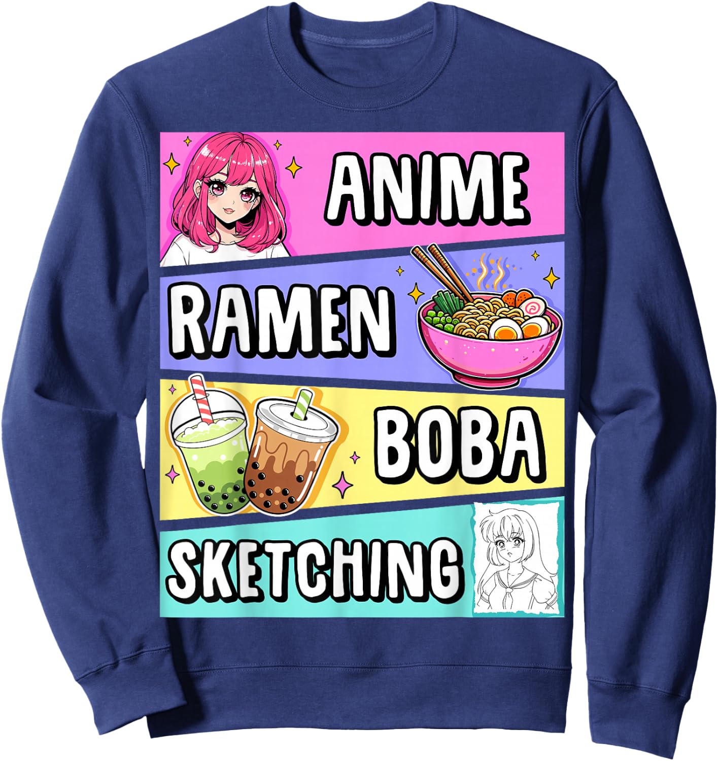 Kawaii Anime Ramen Noodles Sketching Boba Tea Japanese Sweatshirt - Sweatshirt | Navy