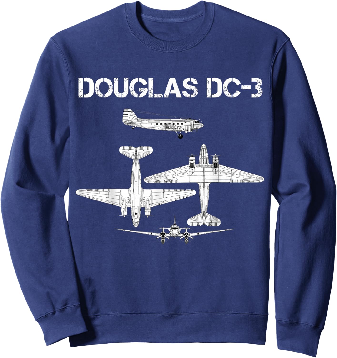 Douglas DC 3 WW2 Fighter Airplane Blueprint Sweatshirt - Sweatshirt | Navy