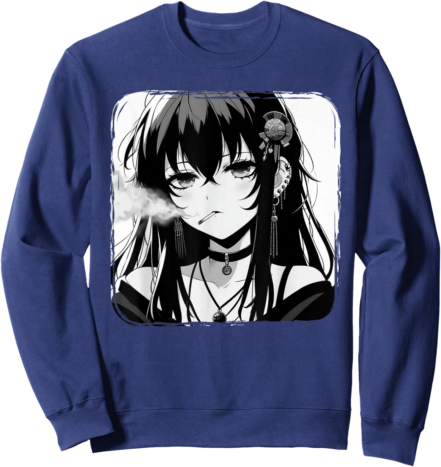 Anime Horror Girl Aesthetic Grunge Waifu Japanese Otaku Sweatshirt - Sweatshirt | Navy
