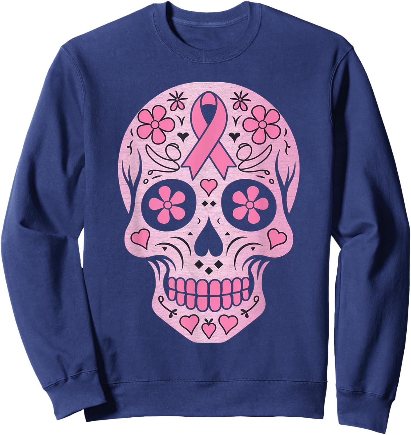 Sugar Skull Pink Ribbon Calavera Breast Cancer Awareness Sweatshirt - Sweatshirt | Navy