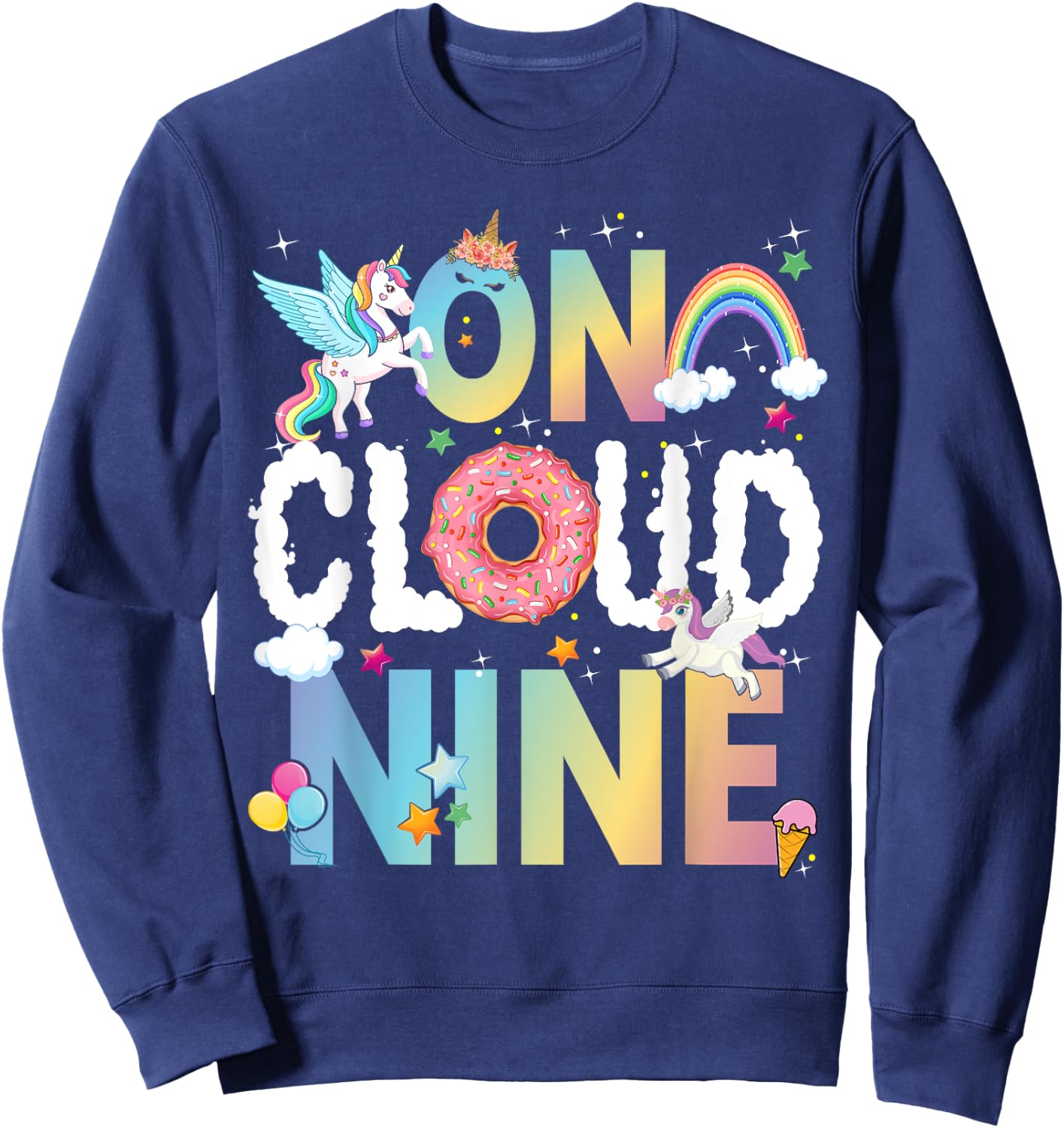 Retro On Cloud Nine Flower Happy 9th Birthday 9 Years Old Sweatshirt - Sweatshirt | Navy