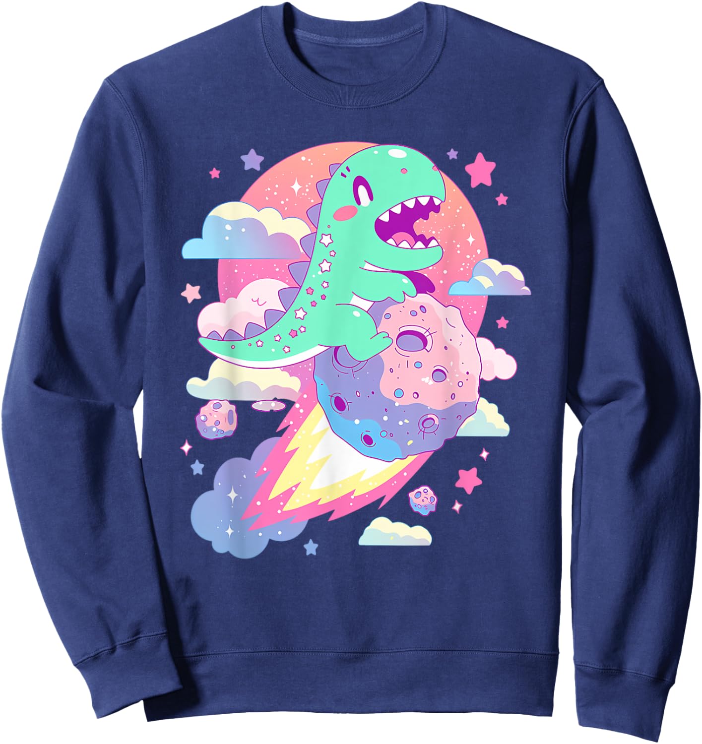 Kawaii Pastel Goth Creepy Cute Chibi Dinosaur on a Comet Sweatshirt - Sweatshirt | Navy