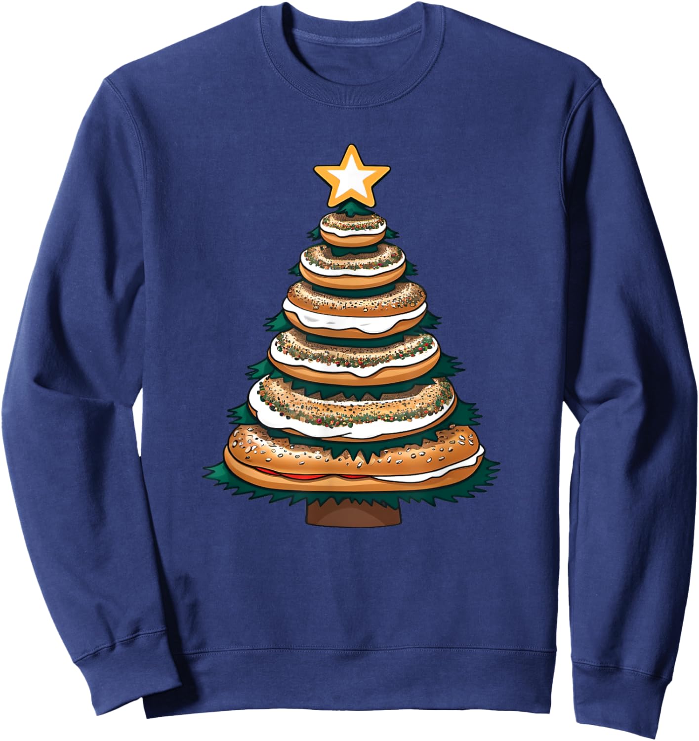 X-mas Breakfast Pastry and Baked Treat -Adults and Kids Blue Small Modern Christmas Everything Bagel with Cream Cheese Christmas Tree Sweatshirt - Sweatshirt | Navy