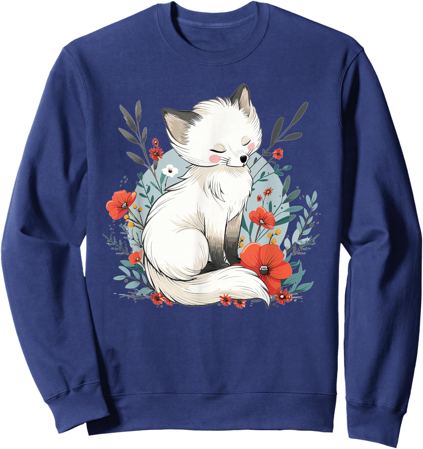 Cute Polar Fox with Flowers I Children's Arctic Fox Sweatshirt - Sweatshirt | Navy