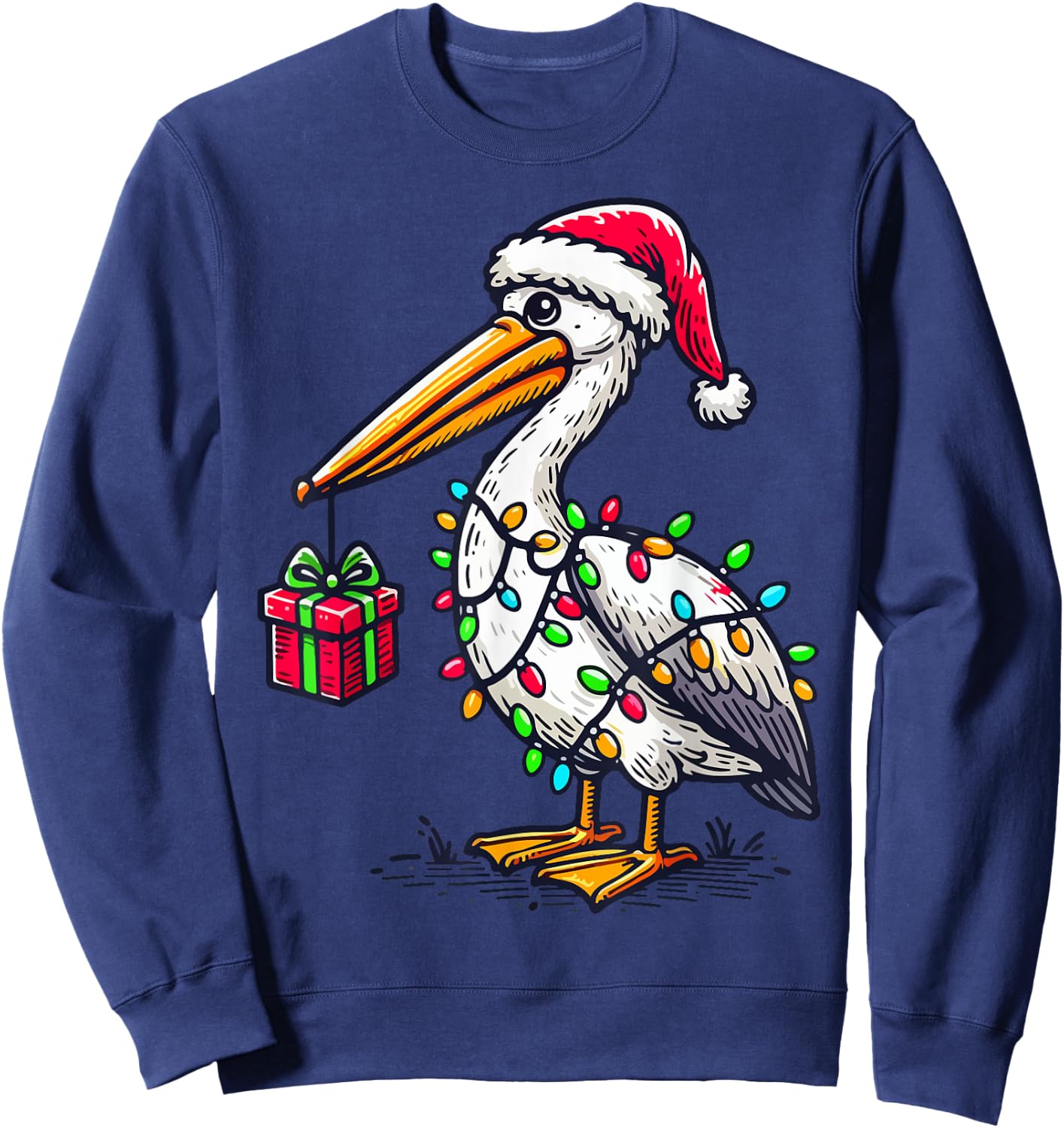 Pelican Bird Wearing Santa Hat, Holding A Present Box Xmas Sweatshirt - Sweatshirt | Navy