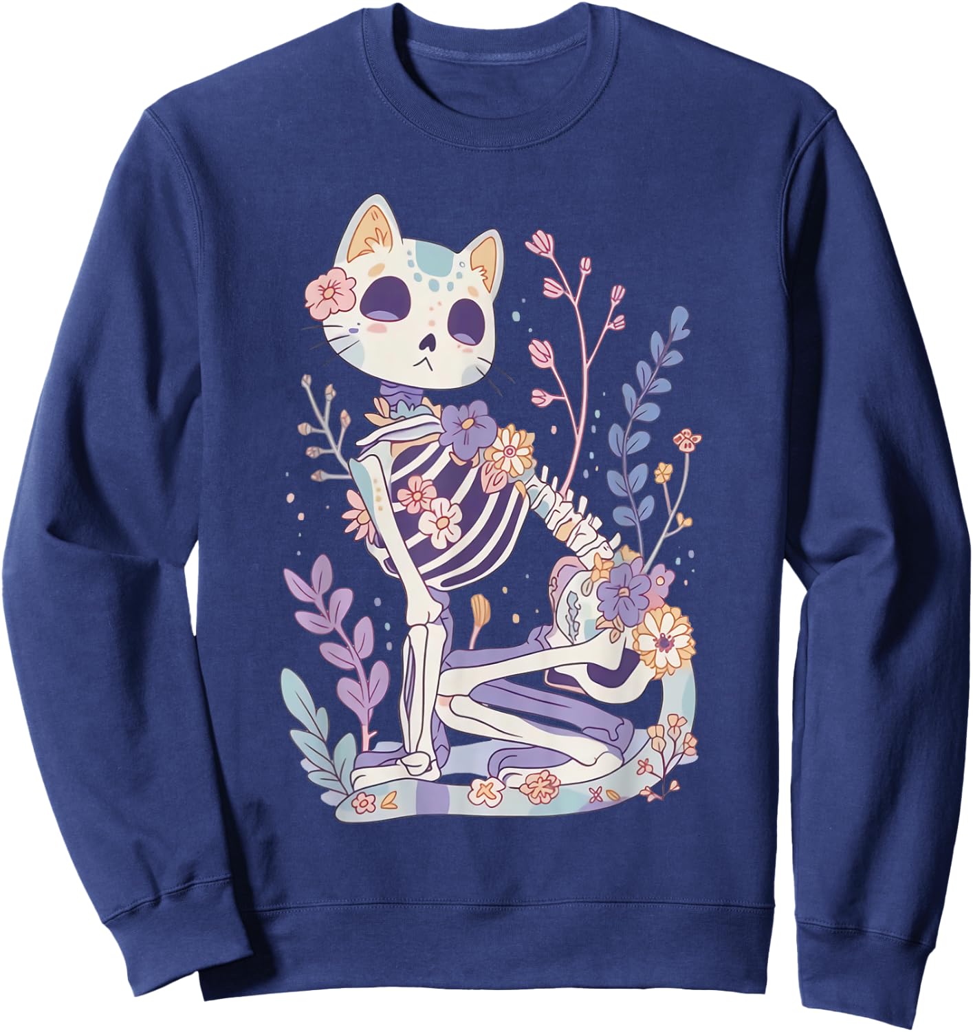 Kawaii Pastel Floral Goth Cute Creepy Cat Skeleton Sweatshirt - Sweatshirt | Navy