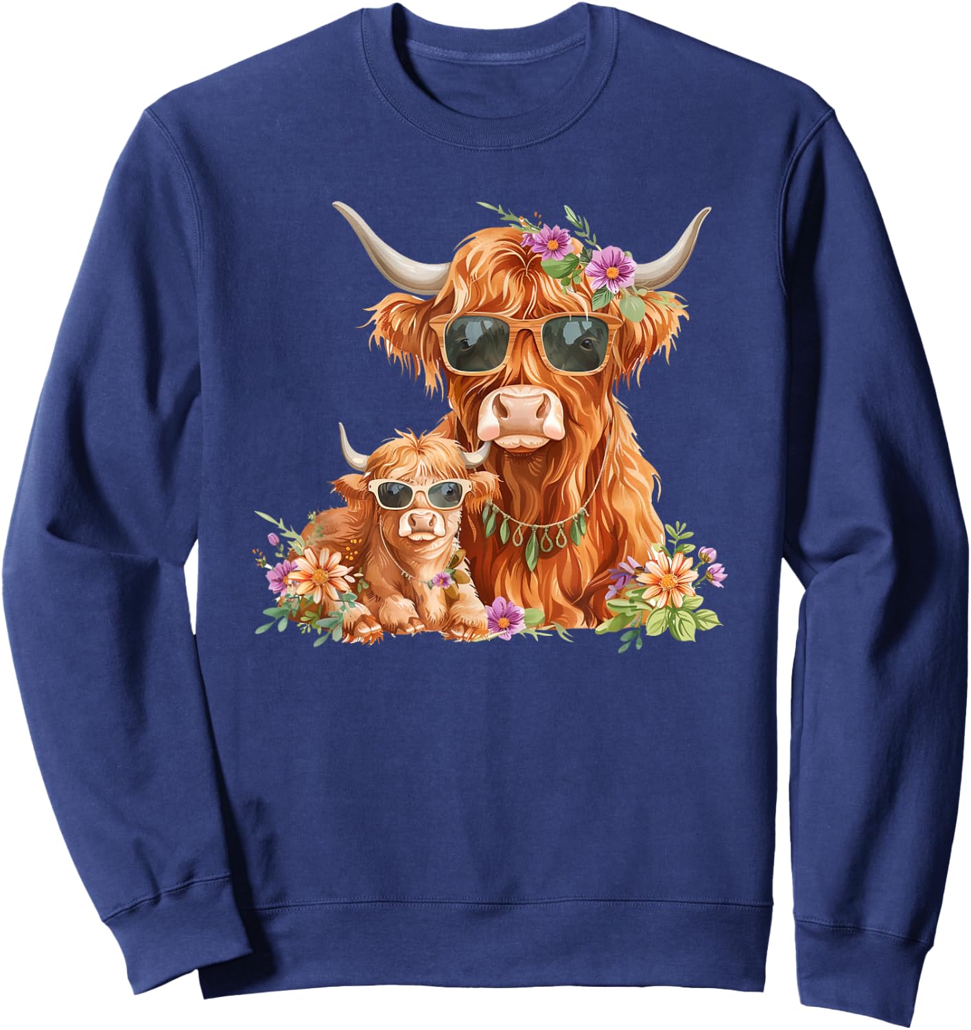 Cute Mama Highland Cow With Baby Calf Boho Floral Mommy Cow Sweatshirt - Sweatshirt | Navy