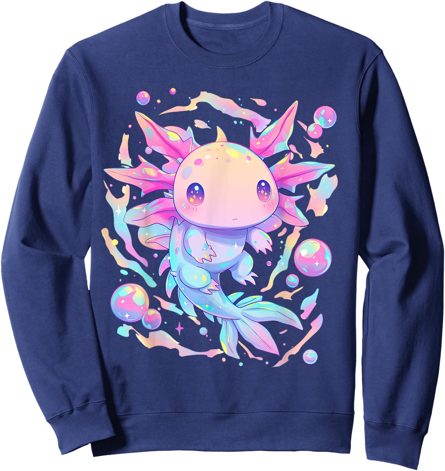 Kawaii Pastel Goth Cute Pink Sparkles Axolotl and Bubbles Sweatshirt - Sweatshirt | Navy