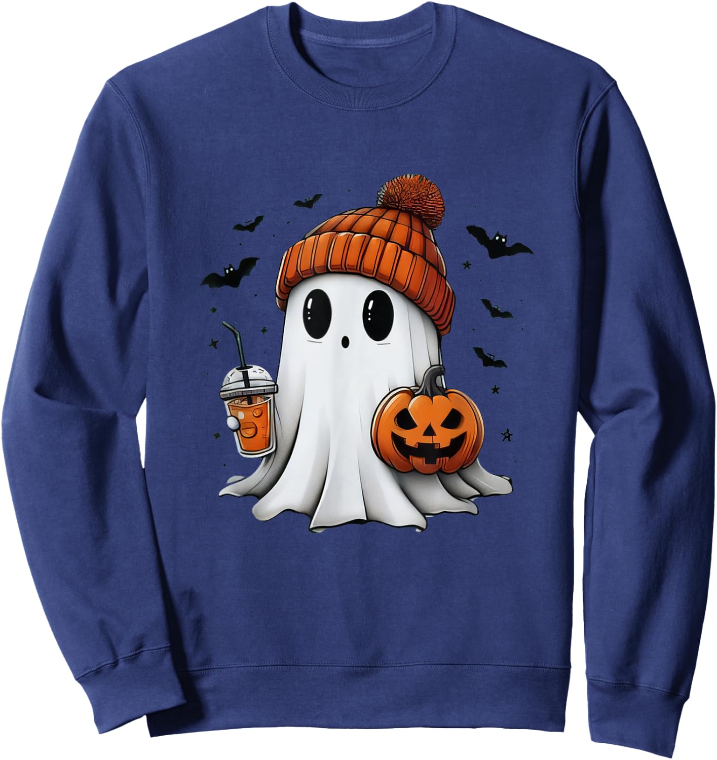 Cute Ghost Drinking Coffee Halloween Ghost Ice Coffee Sweatshirt - Sweatshirt | Navy