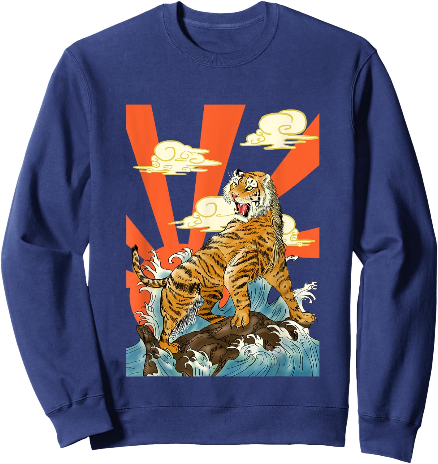 Majestic Tiger Roaring Over Waves with Rising Sun Backdrop Sweatshirt - Sweatshirt | Navy