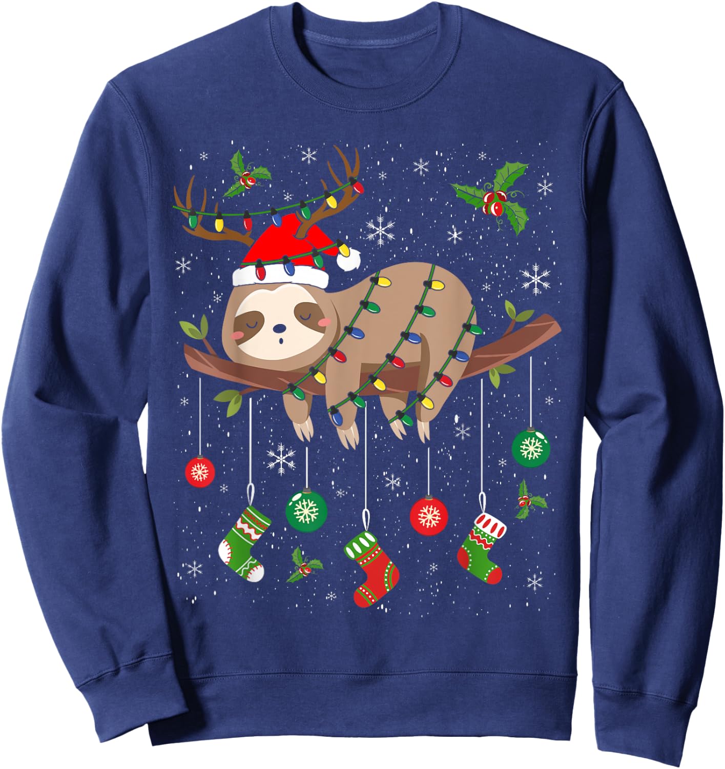 Sloths Xmas Lighting Reindeer Santa Hat Sloth Christmas Sweatshirt - Sweatshirt | Navy