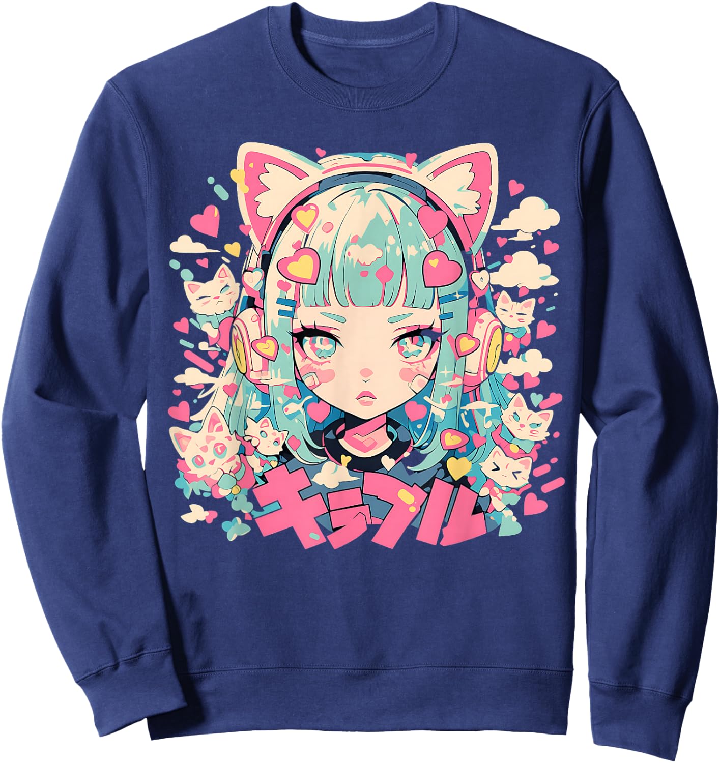 Anime Waifu Cute Anime Manga Cat Girl Sweet Retro Japan Sweatshirt - Sweatshirt | Navy
