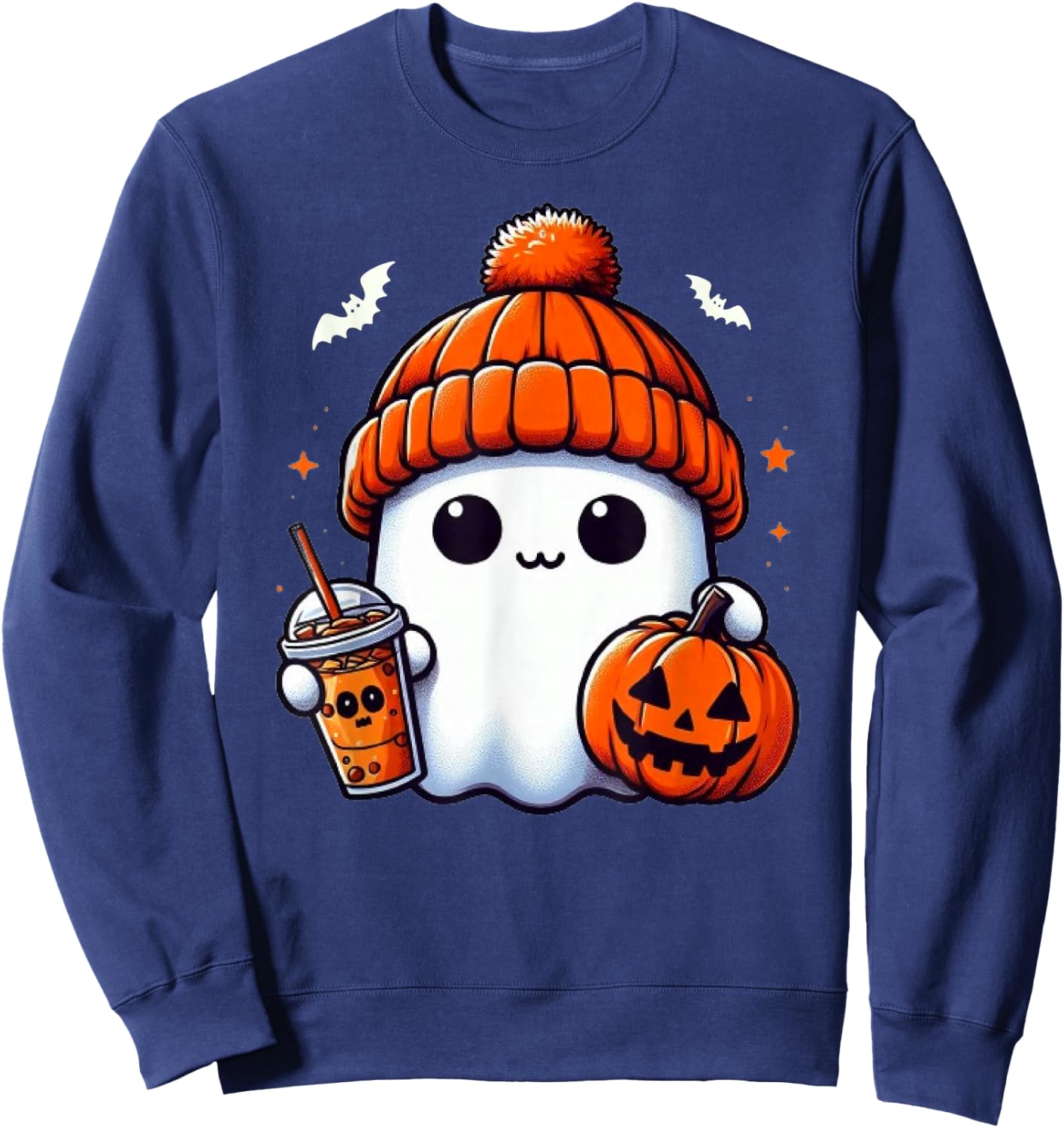 Cute Ghost Drinking Coffee Halloween Ghost Ice Coffee Sweatshirt - Sweatshirt | Navy