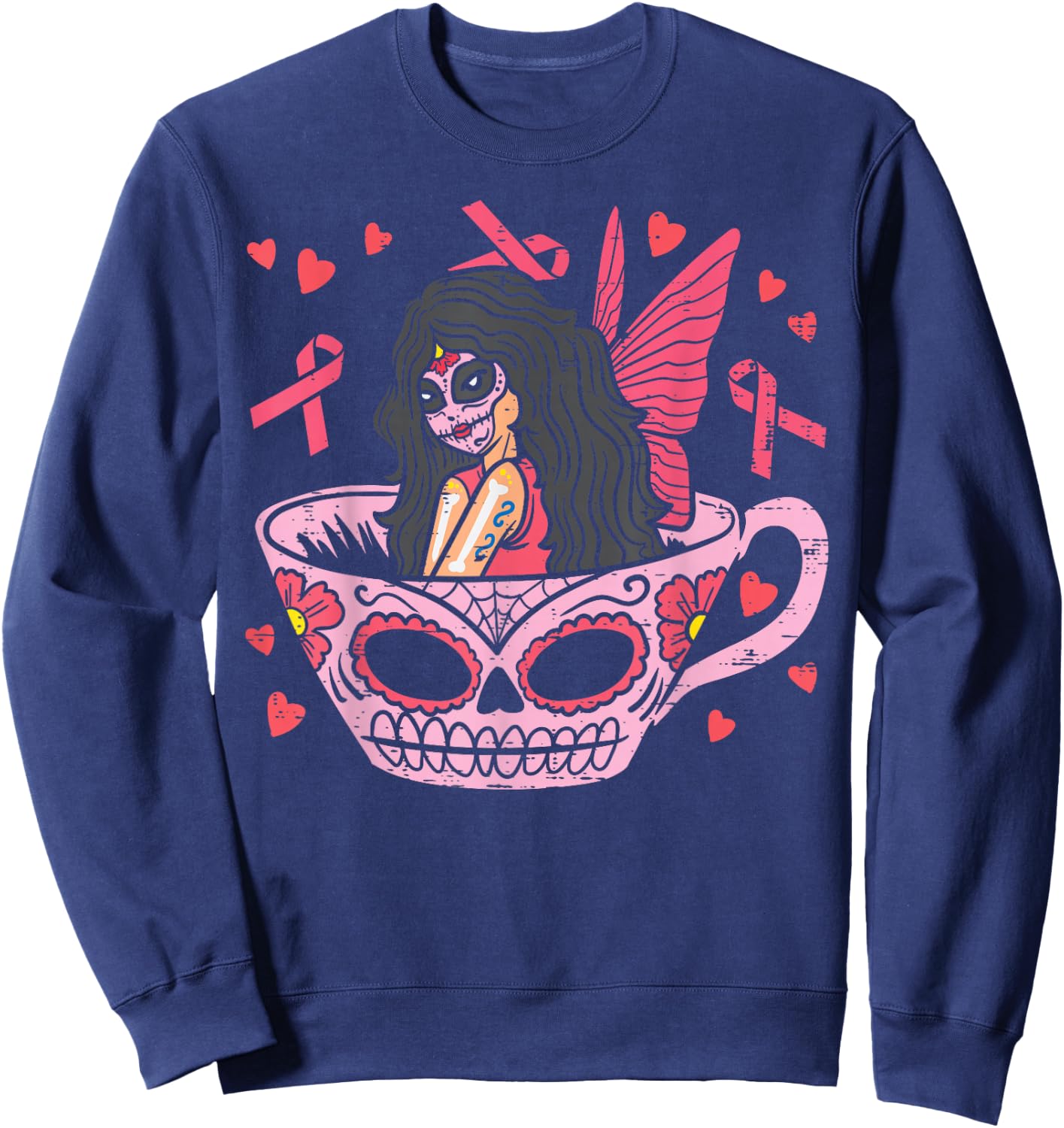 Sugar Skull Fairy In Tea Cup Breast Cancer Awareness Mexican Sweatshirt - Sweatshirt | Navy