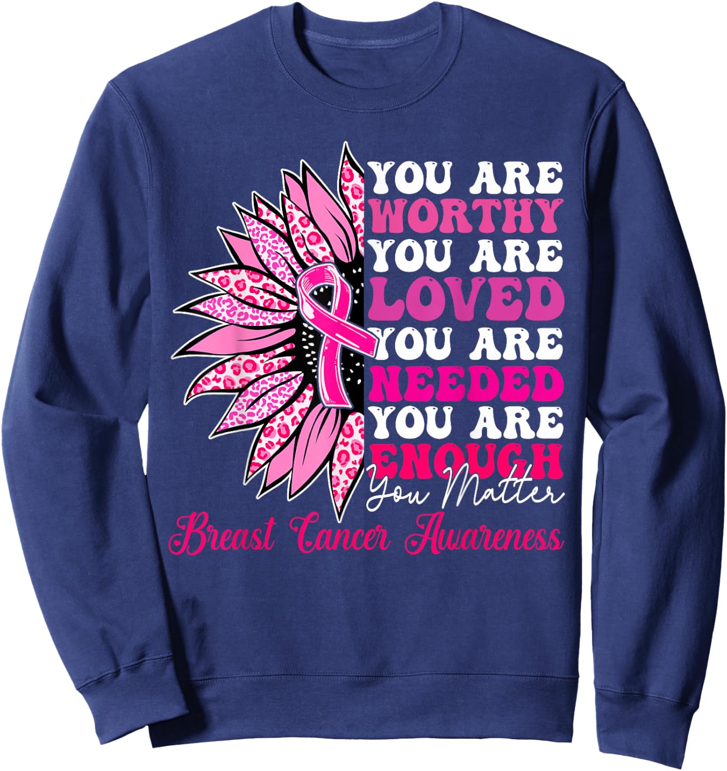 Sunflower Pink Breast Cancer Awareness Women Girls Warrior Sweatshirt - Sweatshirt | Navy