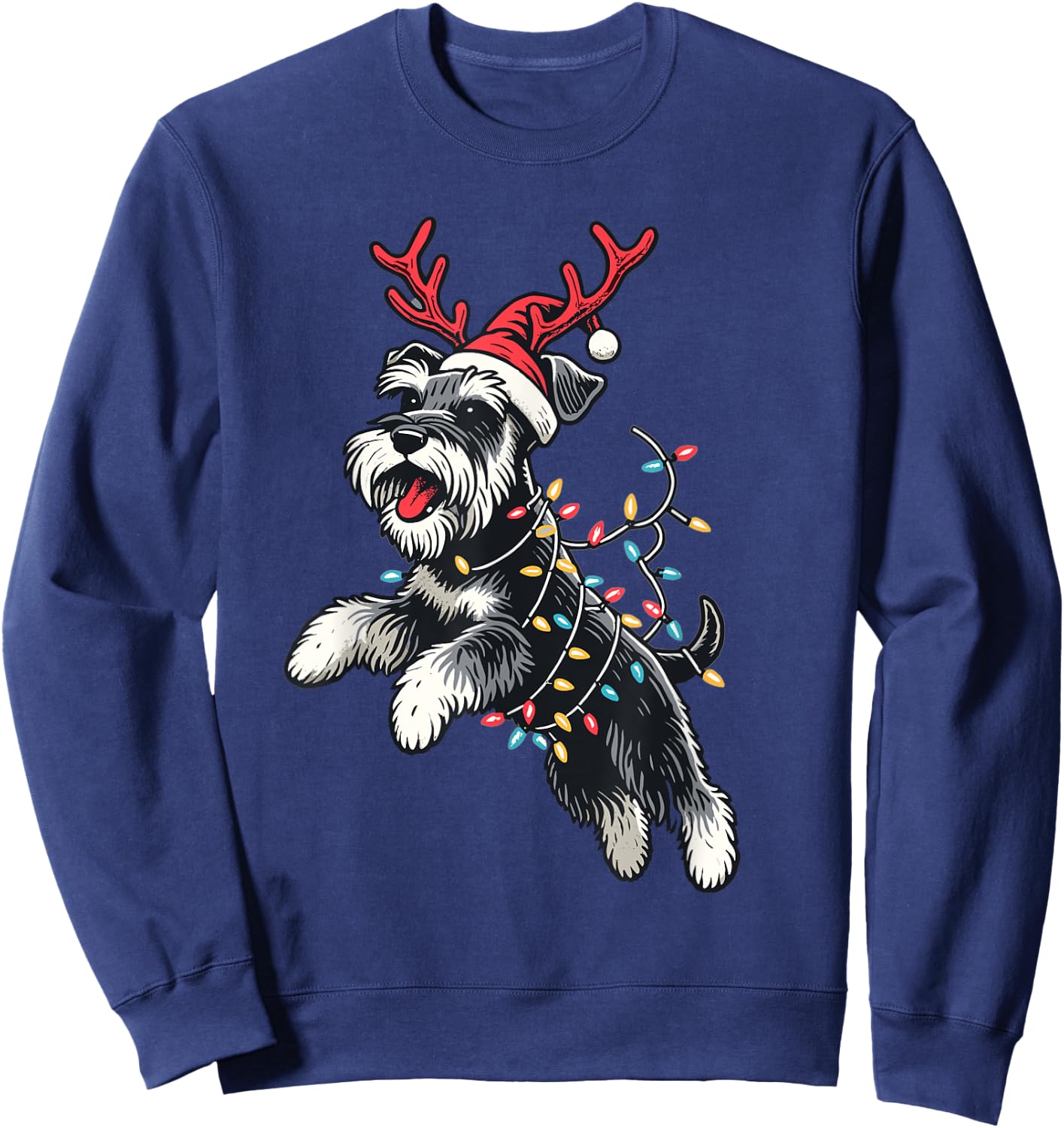 Miniature Schnauzer Dog Santa Hat Christmas Lights Pajama Women Kids Sweatshirt - Sweatshirt | Navy