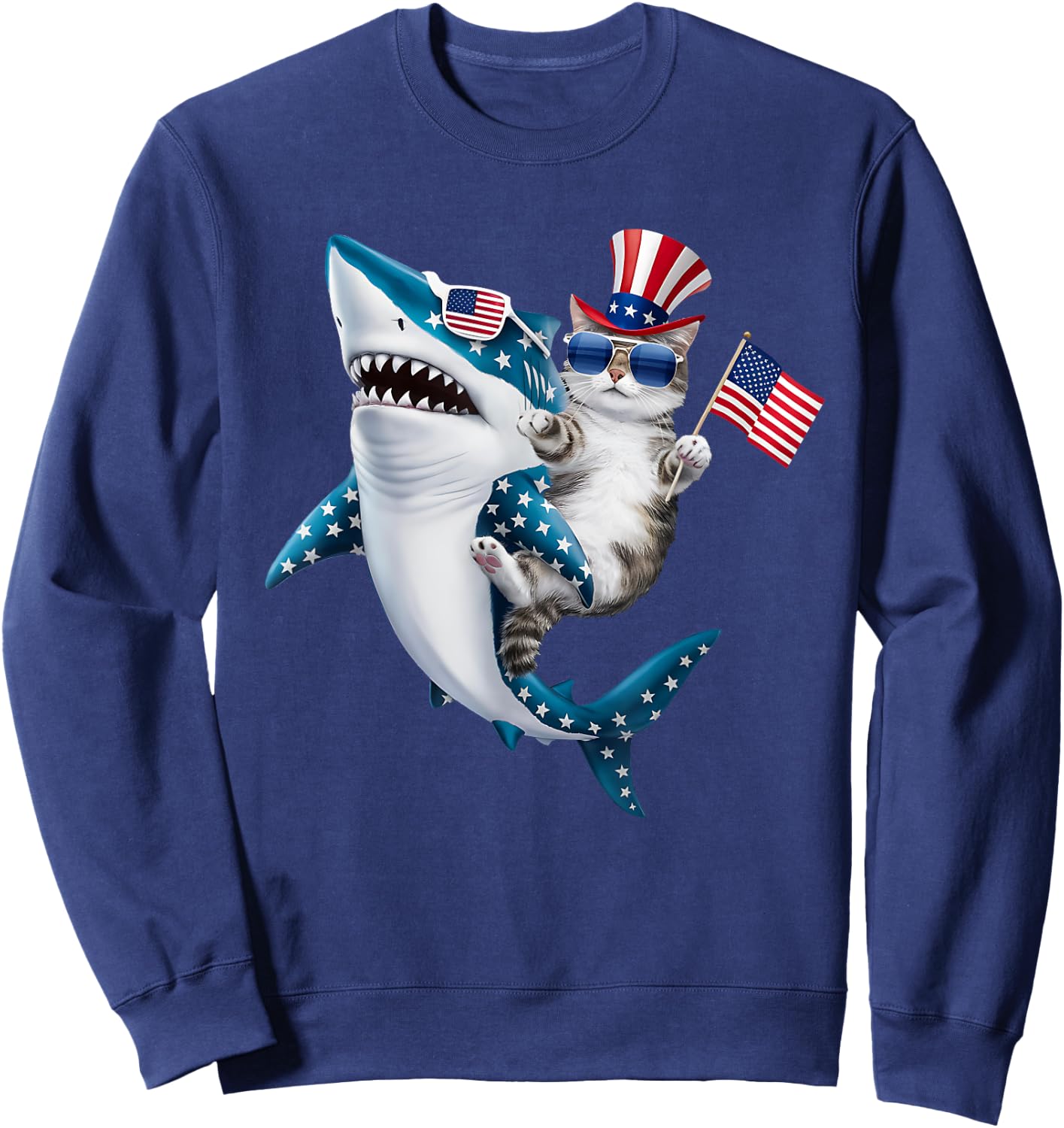 Awesome Patriotic Cat Riding Shark usa flag sunglasses Women Kids Men Sweatshirt - Sweatshirt | Navy