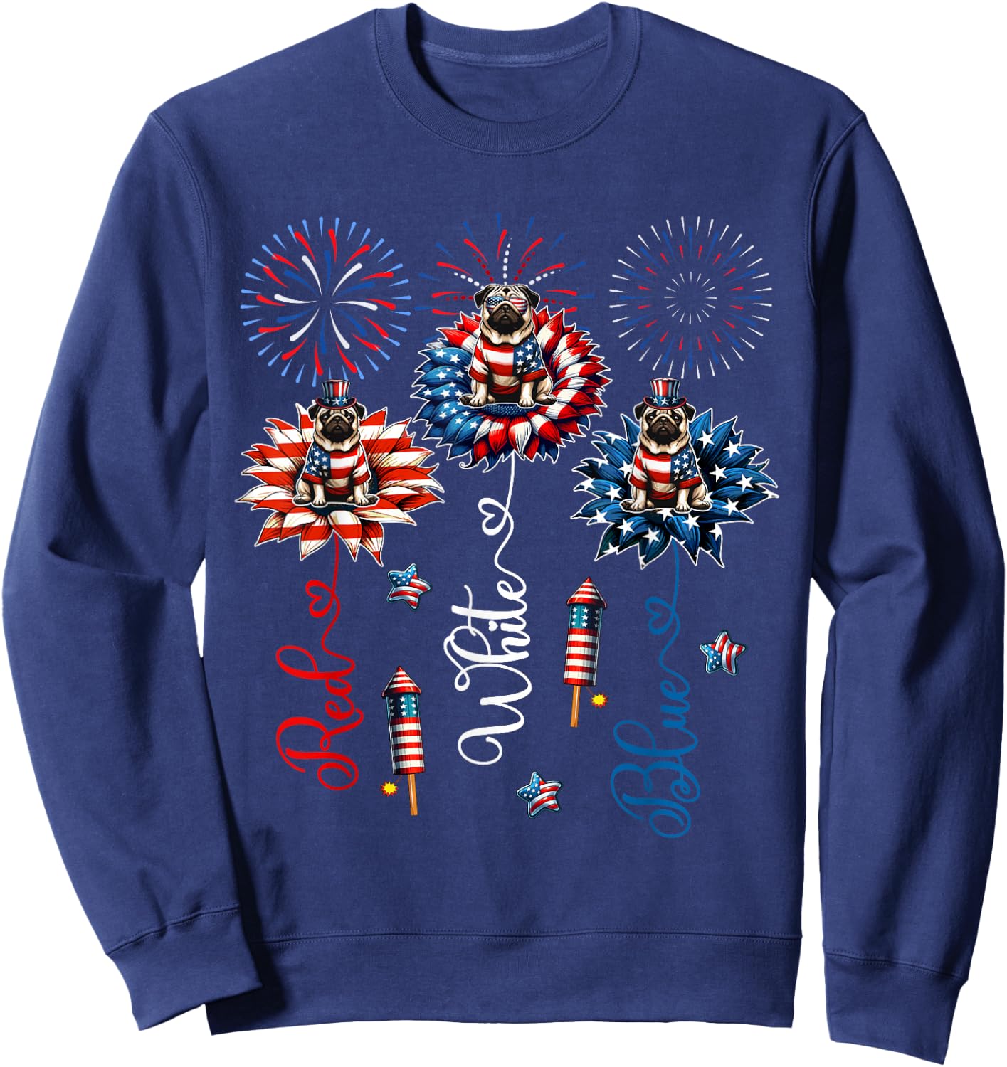 Red Blue White Three Cute Pugs On Floral 4th July Patriotic Sweatshirt - Sweatshirt | Navy