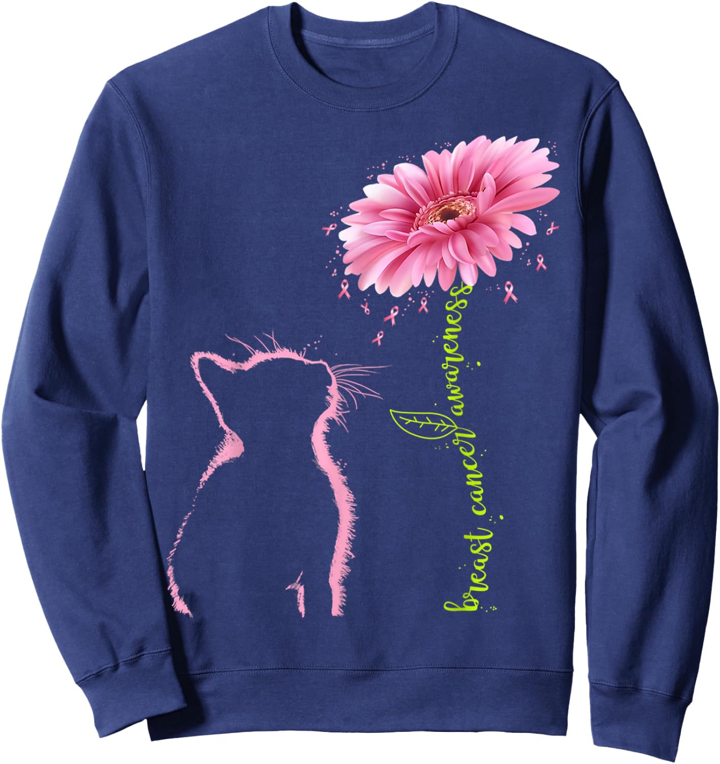 Breast Cancer Awareness Pink Ribbon Daisy Flower Cat Lovers Sweatshirt - Sweatshirt | Navy