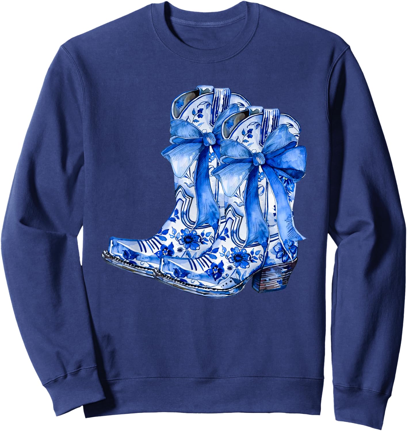 Boots Bow Coquette Coastal Cowgirl Blue Chinoiserie Floral Sweatshirt - Sweatshirt | Navy
